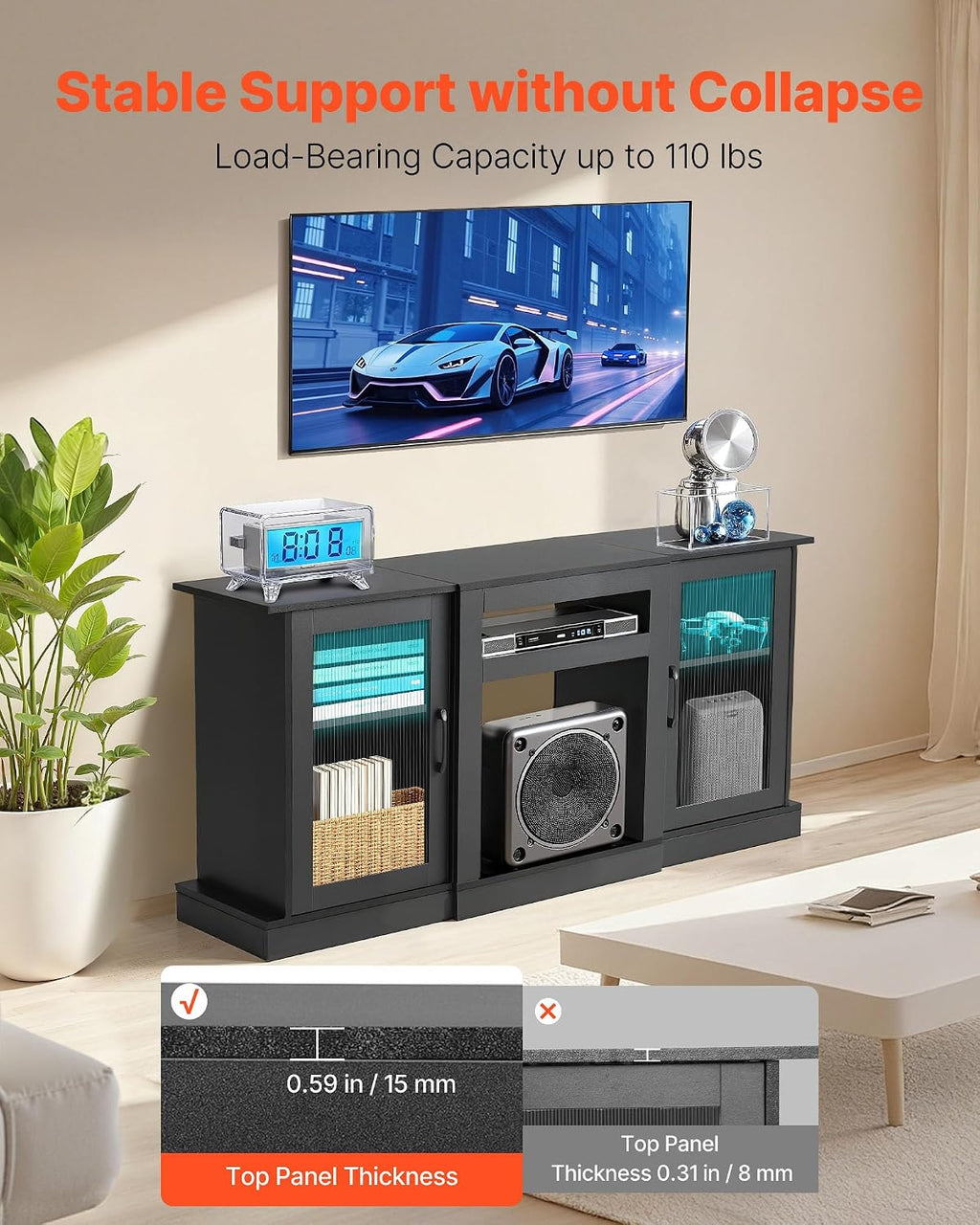 VEVOR Tall TV Stand for 65 inch TVs, Modern Entertainment Center with LED Light, Wooden TV Storage Cabinet with Glass Doors and Adjustable Shelves, Media Console for Living Room and Bedroom, Black