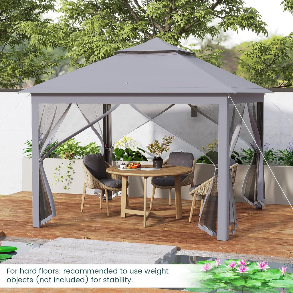 Goplus11 ft × 11 ft Pop up Gazebo, Portable Screen Canopy Shelter w/Mesh Netting Sidewalls, Vented Top, Drainage Holes, Heavy-Duty Height Adjustable Easy Setup Party Tent for Backyard