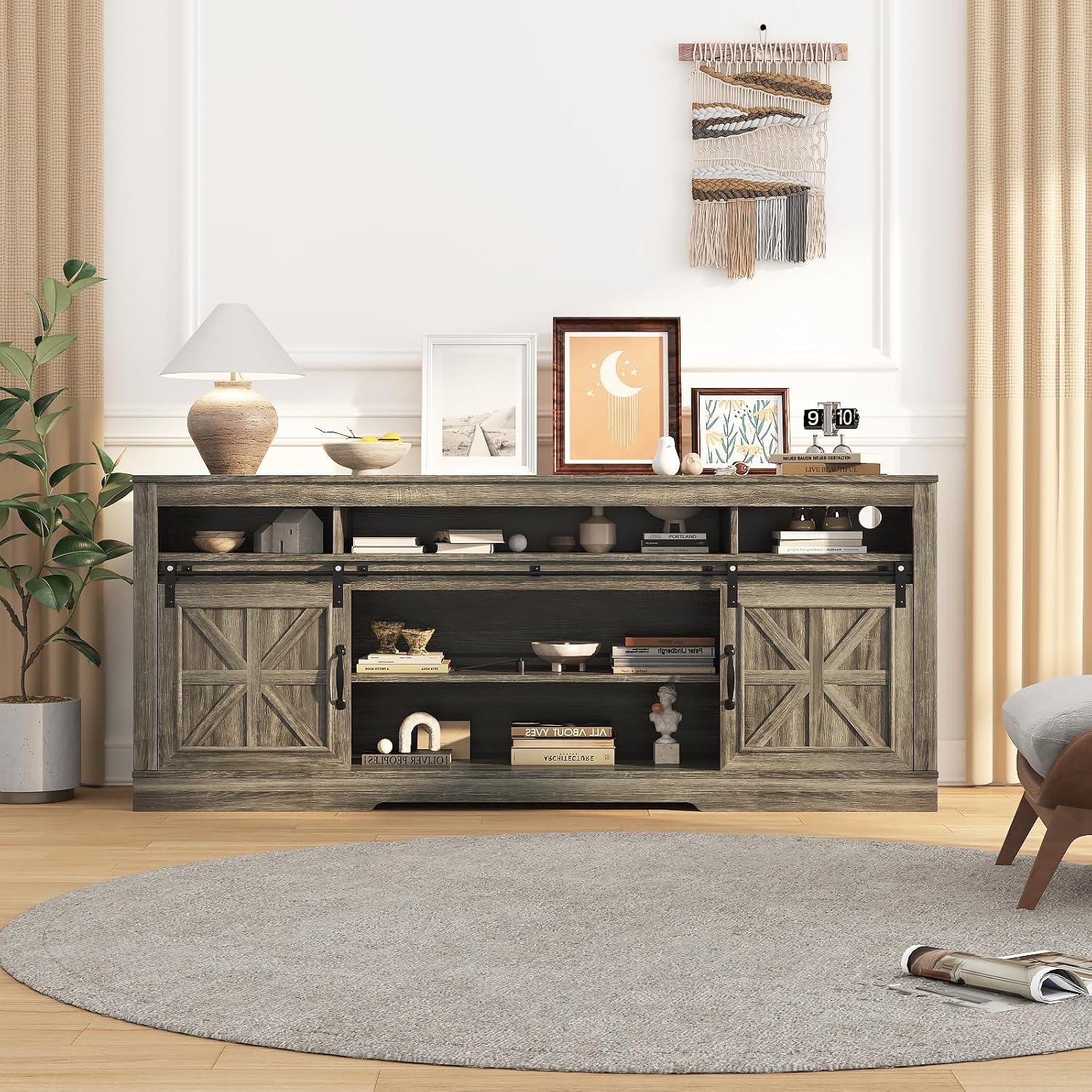 IDEALHOUSE Farmhouse TV Stand for 75 Inch TV, Entertainment Center with Storage Cabinets and Sliding Barn Doors, Media TV Console Table for Living Room Bedroom (27.6' H Oak)