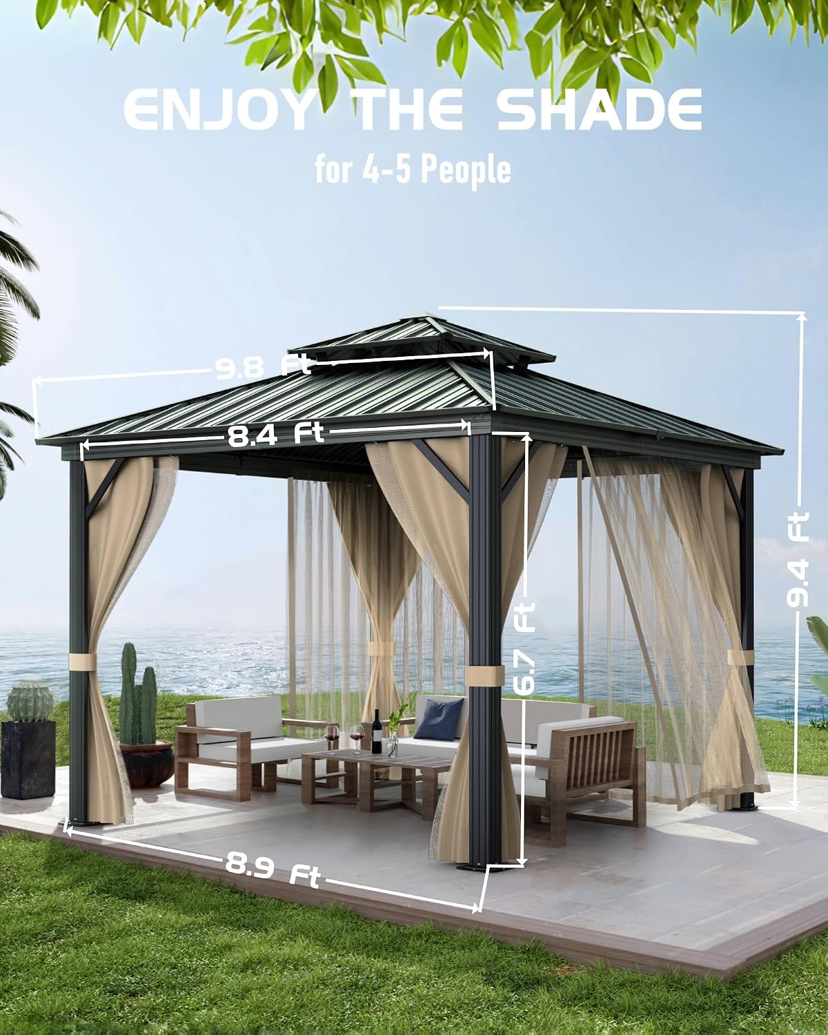Hardtop Gazebo 10'x10' for All Weather, with Double Metal Roof, Aluminum Alloy Frame, and Net and Curtain, Permanent Building of Backyard Luxury for Patio, Deck, Backyard, Lawn, and Garden, Khaki