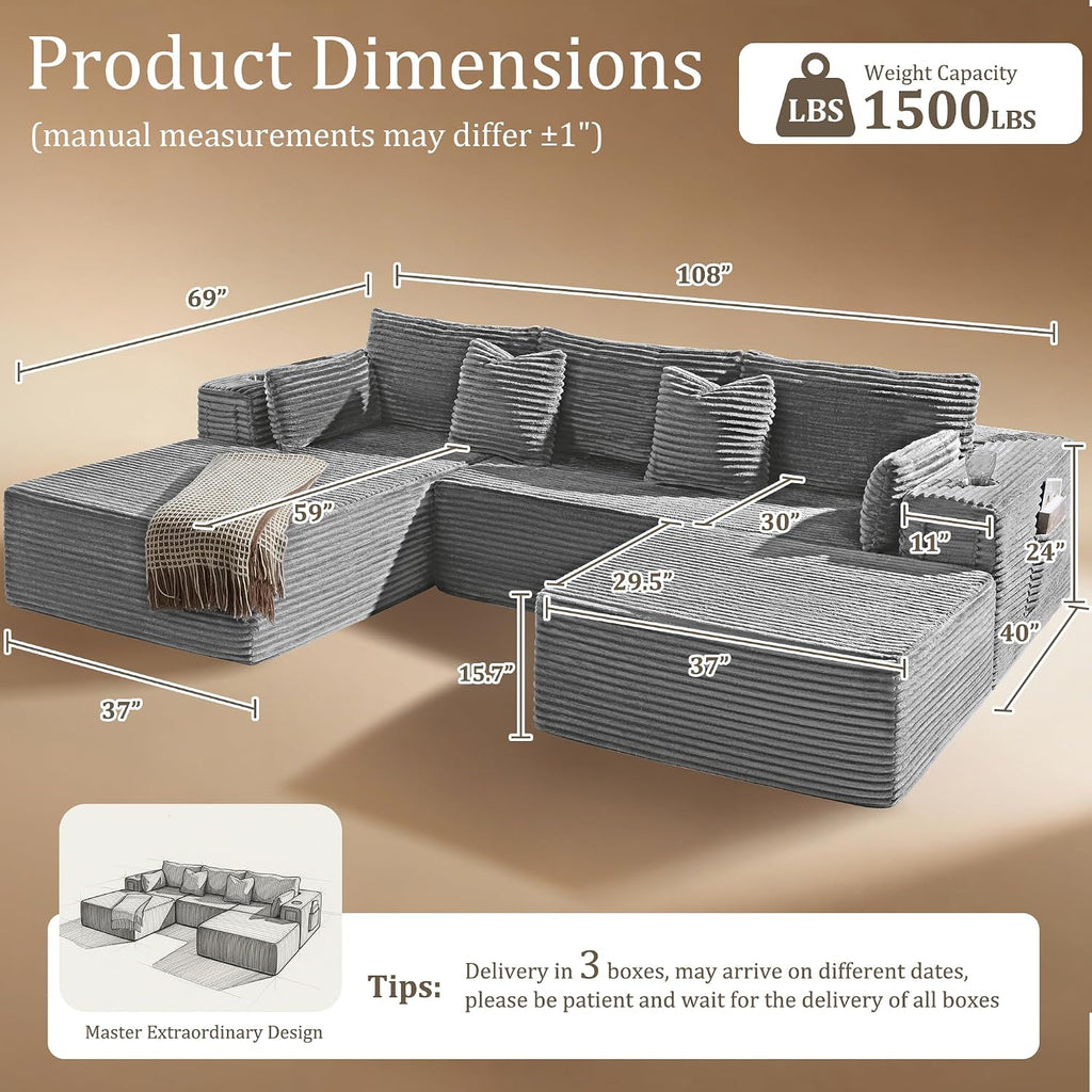 108' Cloud Sectional Couch, Comfort U Shaped Boneless Couch for Living Room, Extra Deep Seats No Assembly, Modular Sofa, Corduroy (Light Grey, 2 Seater+Right Facing Chaise+Ottoman)