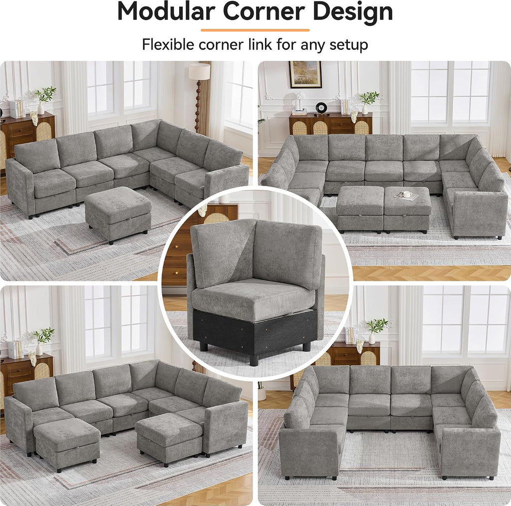 104'' U Shaped Modular Sofa, Sectional Couches with Storage for Living Room, Oversized 8 Seater Cloud Sectional Couch, Chenille Grey