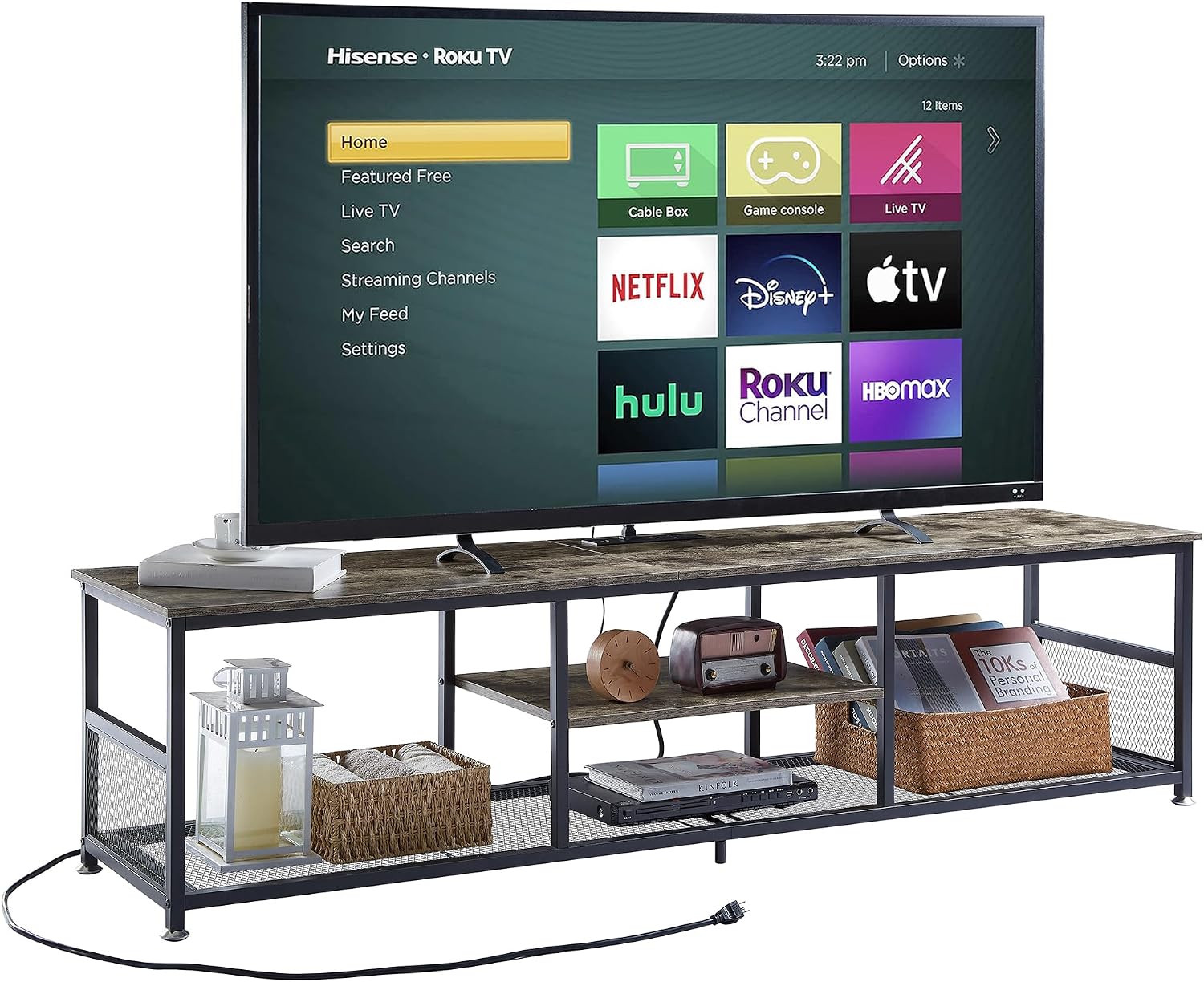 VECELO TV Stand with Power Outlets for Televisions up to 80Inch, 70' Media Entertainment Center with Charging Station 3-Tier Open Storage Shelves with Metal Frame for Living Room/Bedroom，Grey