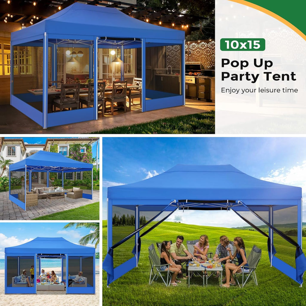 COBIZI 10x15 Heavy Duty Pop Up Canopy Tent with 4 Sidewalls, Commercial Gazebo Party Tent with Mosquito Netting Wall Easy Set Up Outdoor Instant Screen Tent for Backyard, Patio, Garden, Blue