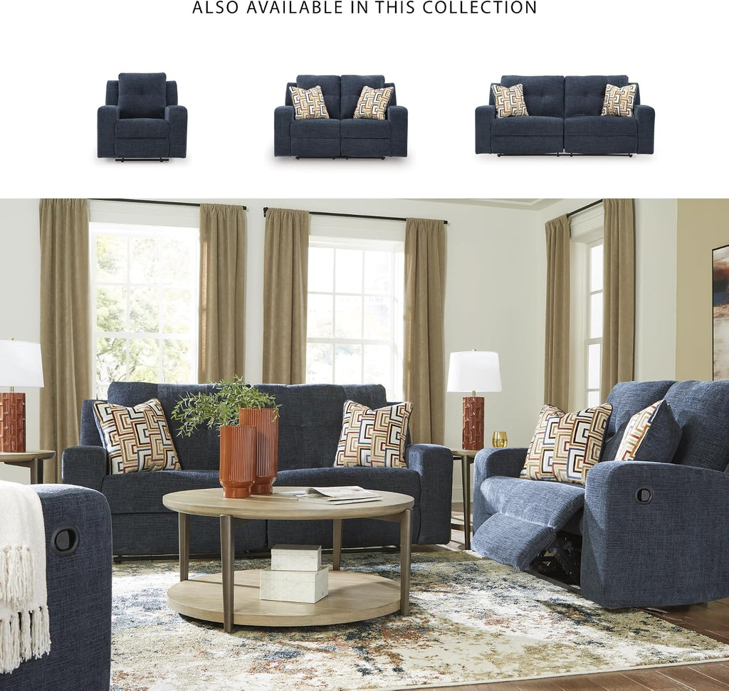 Signature Design by Ashley Danum Modern Manual Pull Tab Reclining Sofa with Tufed Back Cushion, Blue