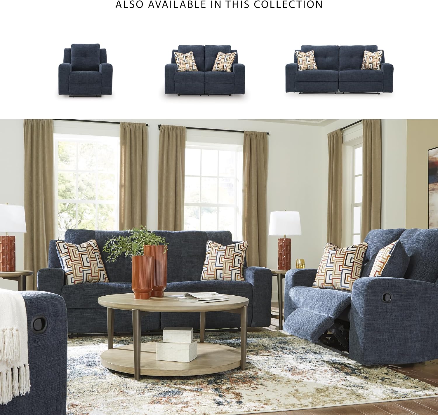 Signature Design by Ashley Danum Modern Manual Pull Tab Reclining Sofa with Tufed Back Cushion, Blue