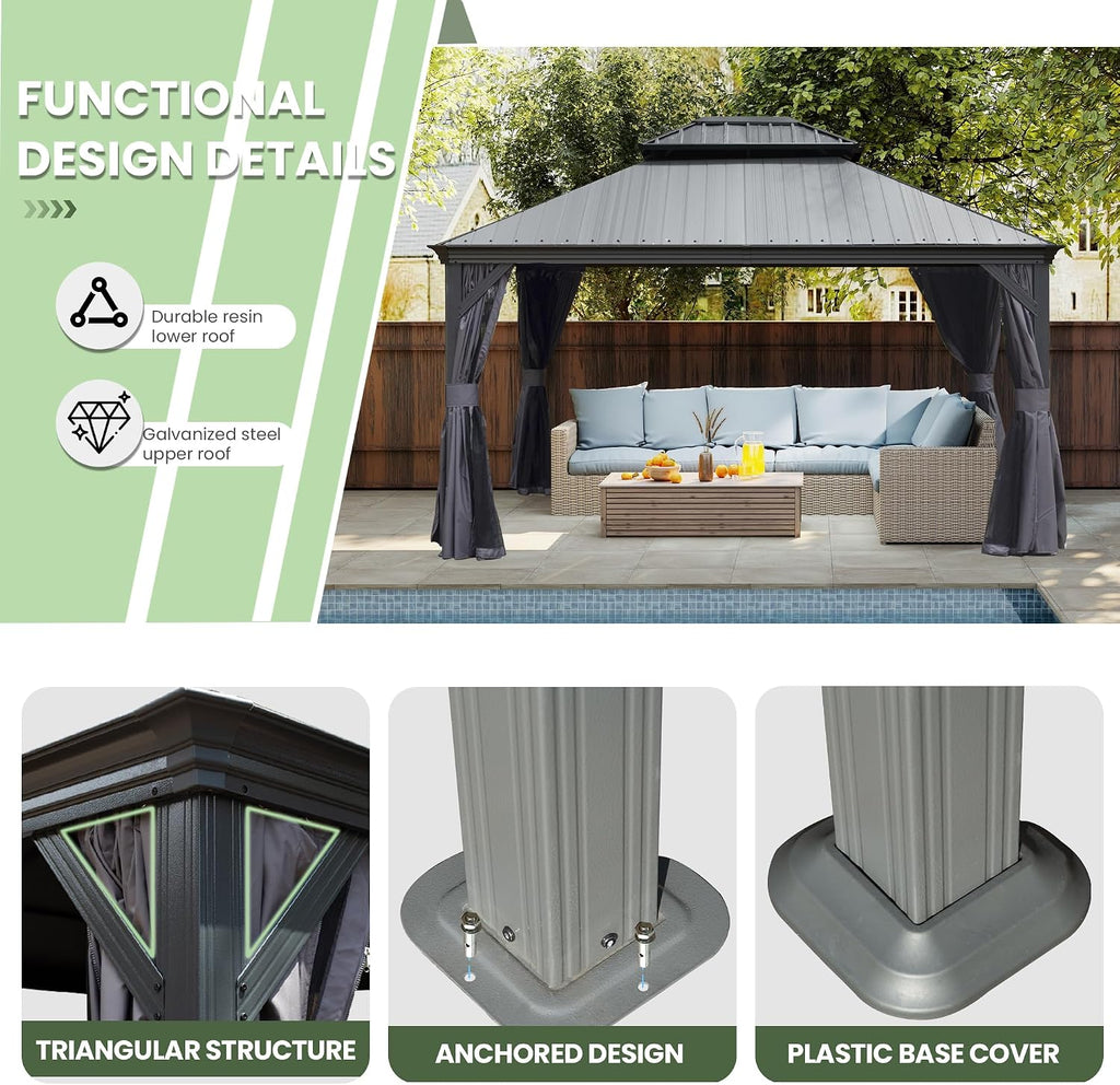 Domi 12' X 14' Hardtop Gazebo, Upgraded Metal Gazebo with Dual-Layer Resin Roof, Drainage System, Curtain and Netting, Outdoor Shelter Canopy for Patio, Garden, and Backyard, Grey