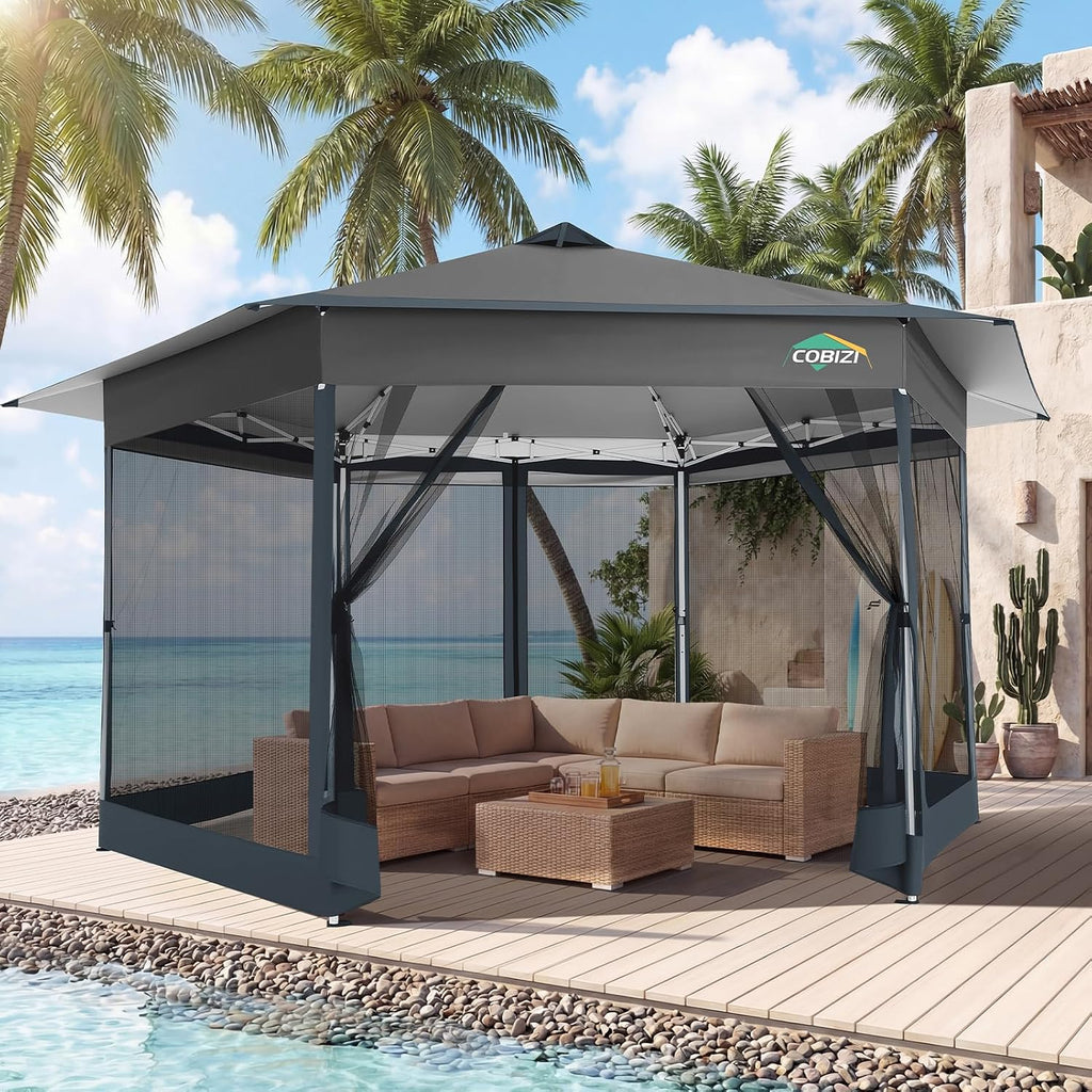 COBIZI 16x16 Pop Up Gazebo Tent with Mosquito Netting, Gazebos on Clearance, Hexagonal Outdoor Canopy Shelter, Patented Center Lock 6-Sided Portable Gazebos, Pop Up Canopy Tent for Backyard, Gray