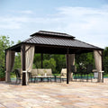 MIXPATIO 12' x 18' Hardtop Gazebo, Galvanized Steel Metal Double Roof Gazebo, Permanent Outdoor Metal Pavilion with Curtain and Netting for Deck, Backyard, Patio, Lawns