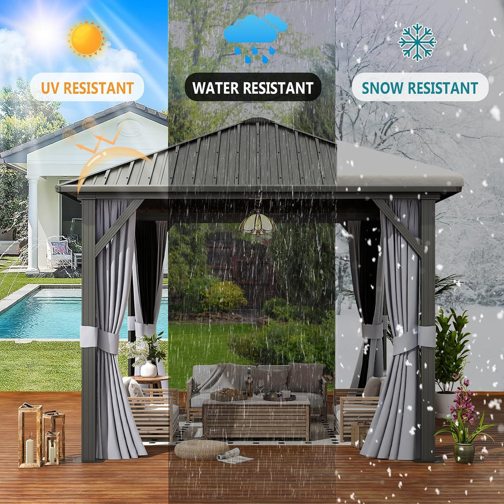 10FTx10FTHardtop Gazebo, Galvanized Steel Outdoor Aluminum Single Top Pavilion, Permanent Metal Gazebo with Netting and Curtains, for Patio, Backyard and Deck…