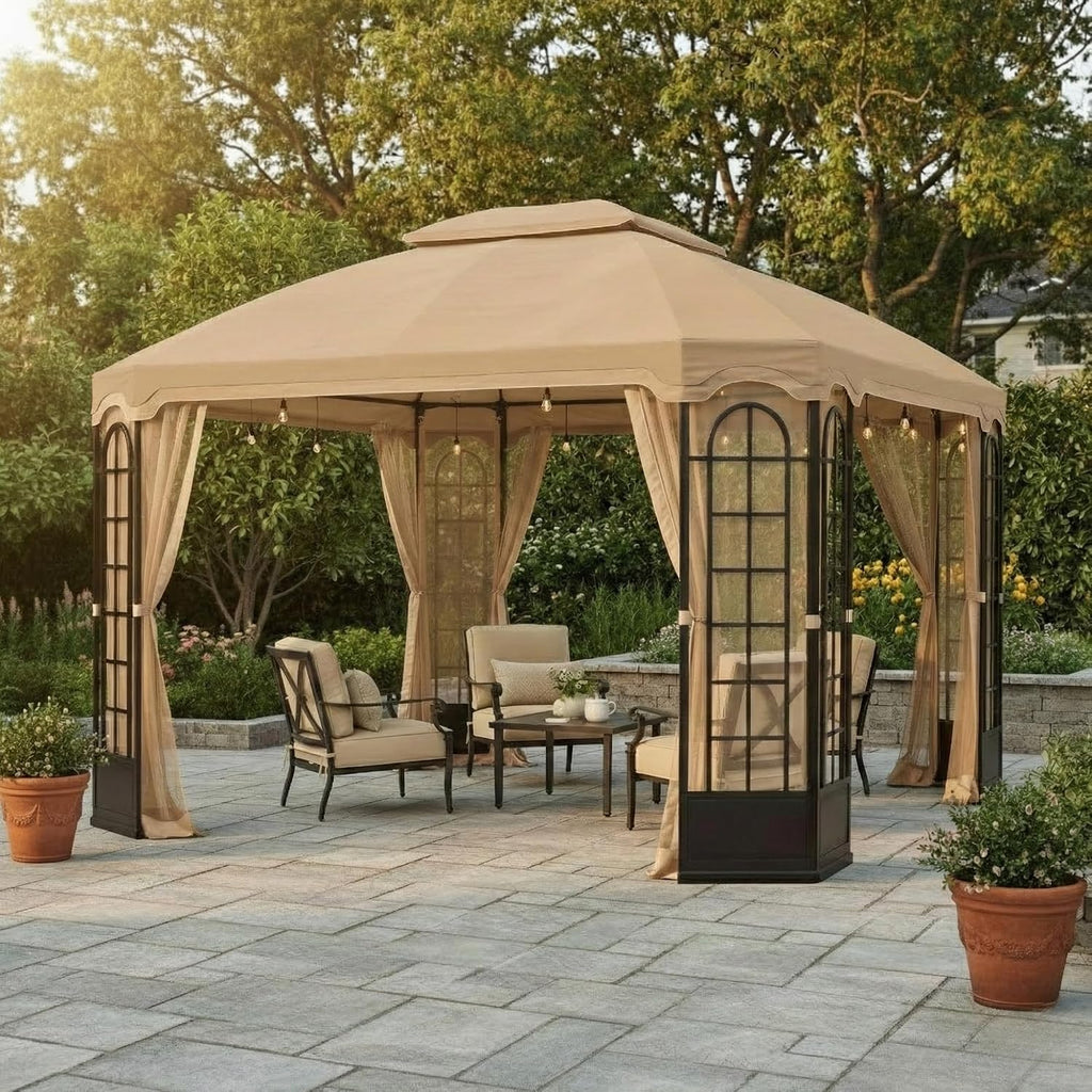 Garden Winds Reinforced RipLock 350 Replacement Canopy Top Cover Compatible with Terrace 10' x 12' Gazebo Models L-GZ454PST-C and A111010900 – Beige