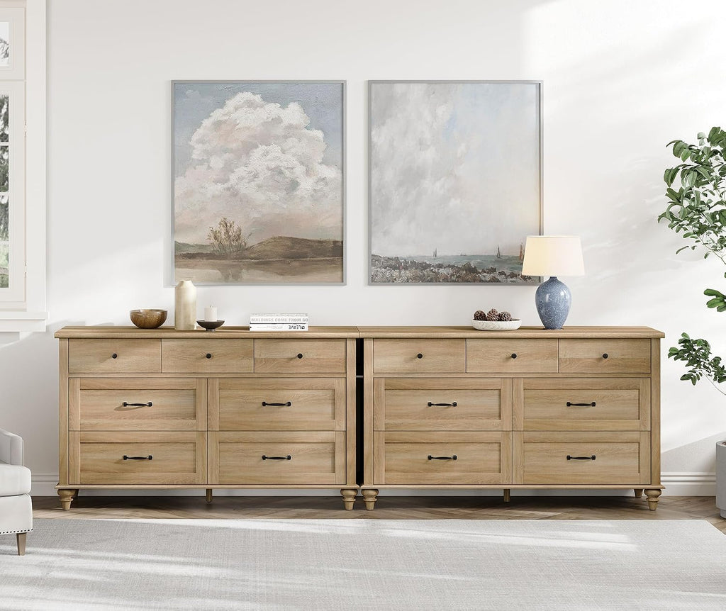 Wampat Large TV Stand for 100 Inch TV, Set of 2 Console Table with 14 Drawers, Wide Media Storage Dresser for Living Room, Oak, 108 Inch