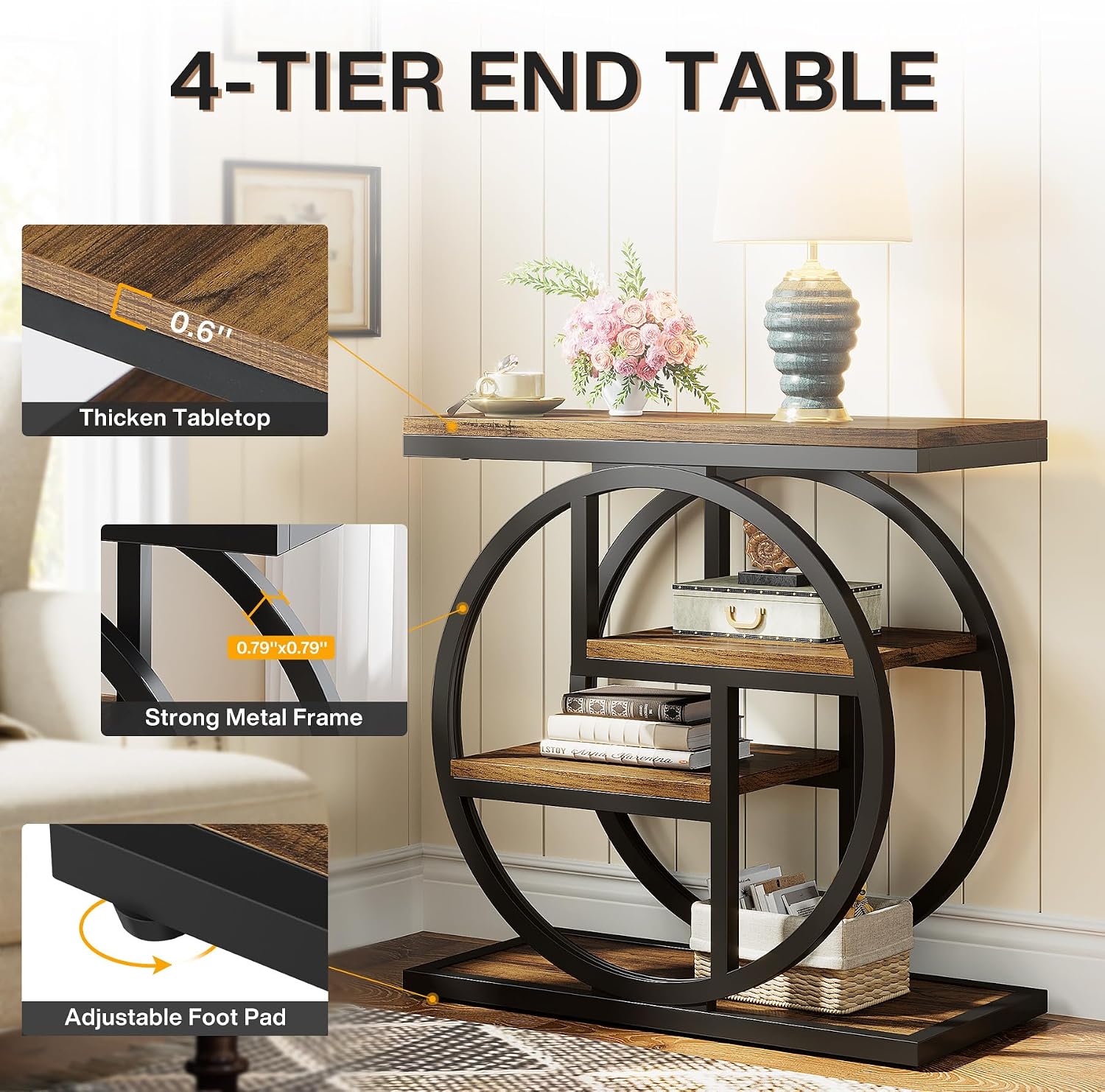Tribesigns End Table Set of 2, 4-Tier Narrow Side Table with Storage Shelves, Wood Small Sofa Side Table with Geometric Metal Frame, Industrial Bedside Table for Bedroom, Living Room, Rustic Brown