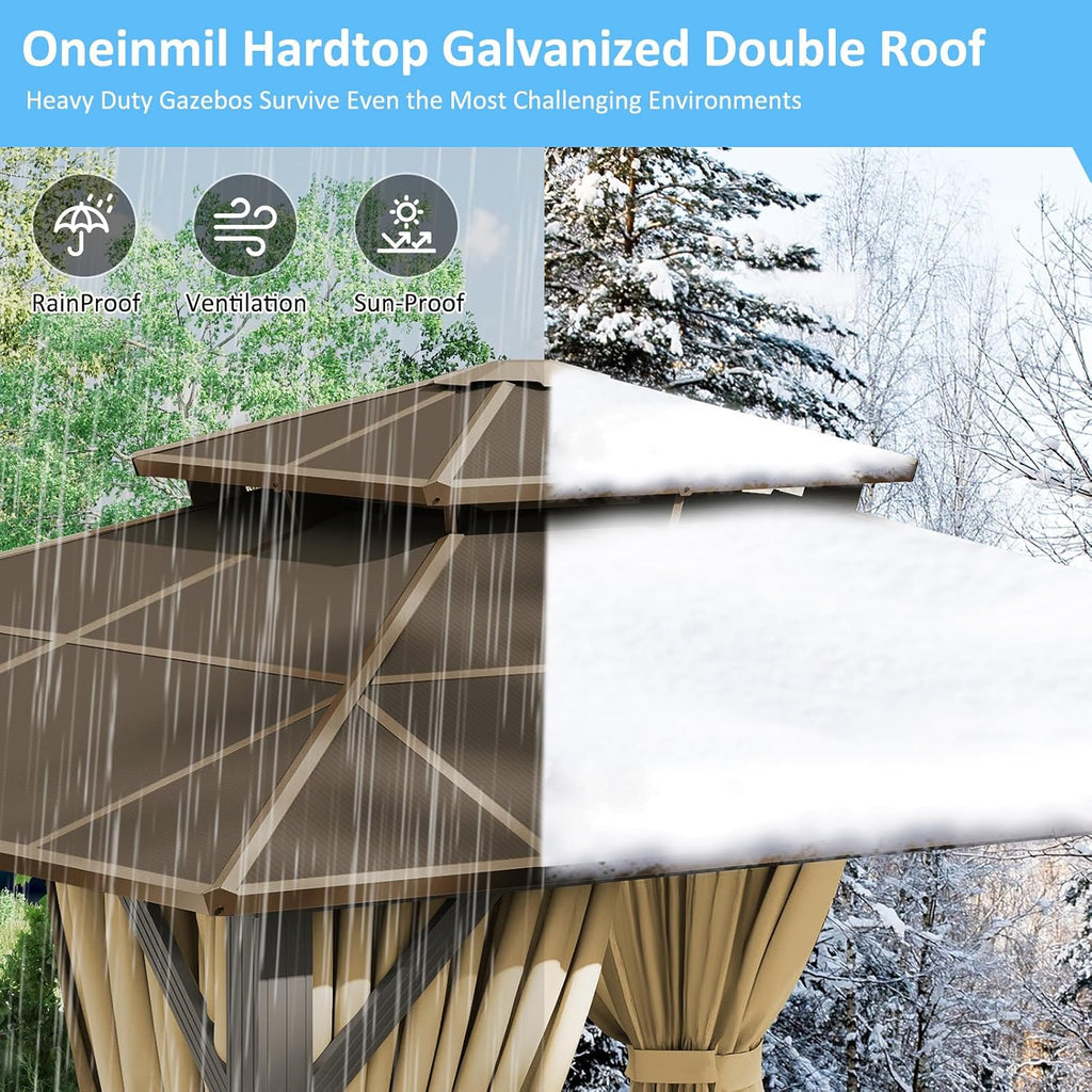12×12FT Brown Double Roof Polycarbonate Gazebo, Sturdy Outdoor Patio Shelter with Shade for Garden, Backyard, and Patio