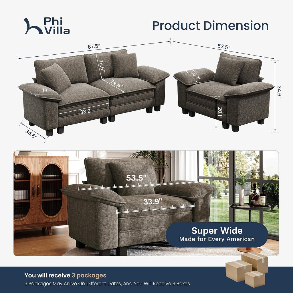 PHI VILLA Cloud Modular Couches Sets, 2 Pieces Sectional Sofa Set with Loveseat, 3-Seater Comfy Couch for Living Room Apartment, Chenille Fabric, Smoky Grey
