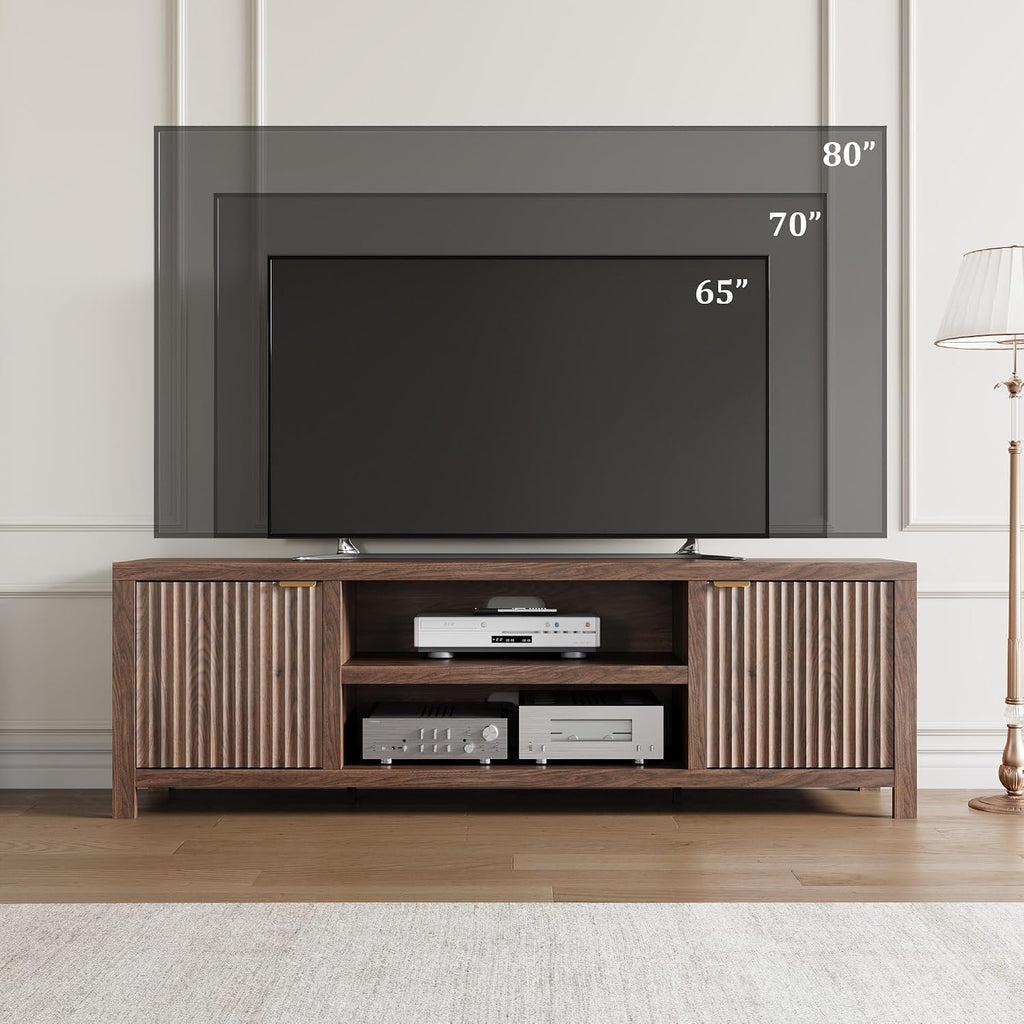 IDEALHOUSE Fluted TV Stand for 75+ Inch, Modern Entertainment Center with 2-Tier Storage & Adjustable Shelves, Media Console Cabinet with 2 Fluted Doors and Gold Handle for Living Room Bedroom, Walnut