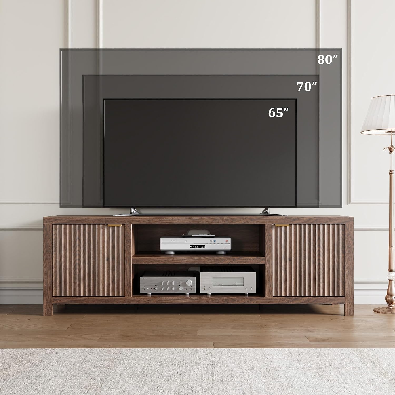 IDEALHOUSE Fluted TV Stand for 75+ Inch, Modern Entertainment Center with 2-Tier Storage & Adjustable Shelves, Media Console Cabinet with 2 Fluted Doors and Gold Handle for Living Room Bedroom, Walnut