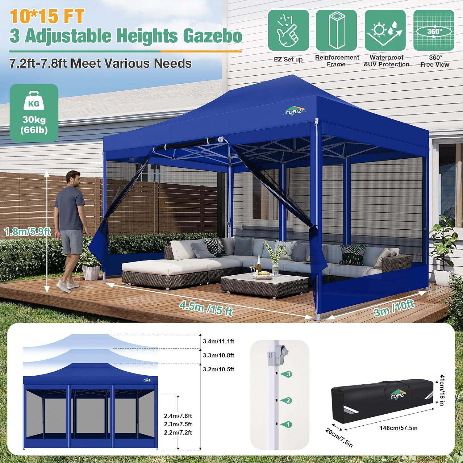 COBIZI 10x15 Canopy Tent, Heavy Duty Pop up Canopy with Sidewalls, Waterproof Easy Setup Canopy with Mosquito Netting, Outdoor Instant Screen Tents for Parties, Backyard with Carry Bag, Dark Blue