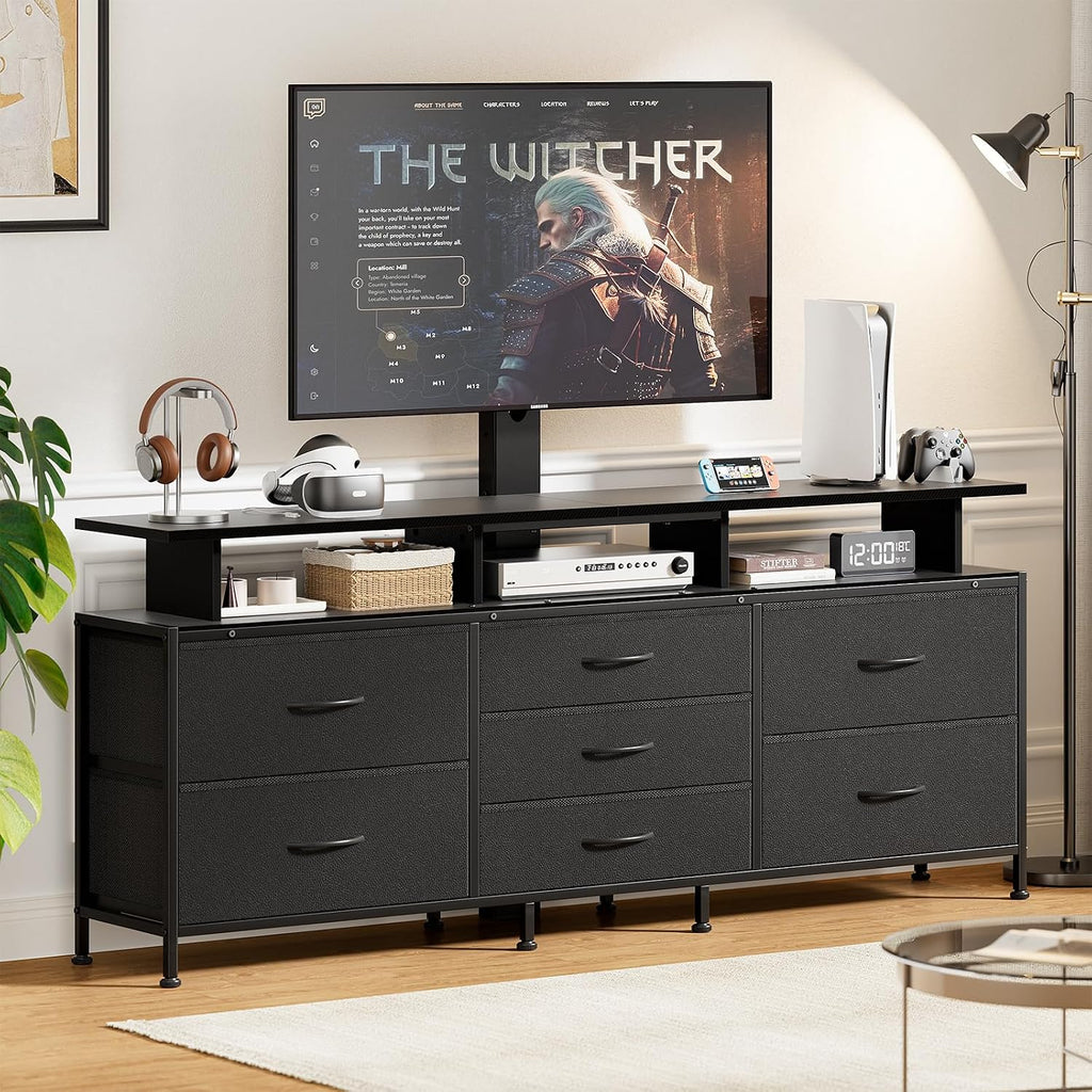 REAHOME TV Stand with Mount, 63' Entertainment Center for 32/45/55/60/65/70 inch TVs, Media Console Table with 7 Drawers, Height Adjustable Mount, Dresser TV Stand for Living Room, Carbon Fiber Black