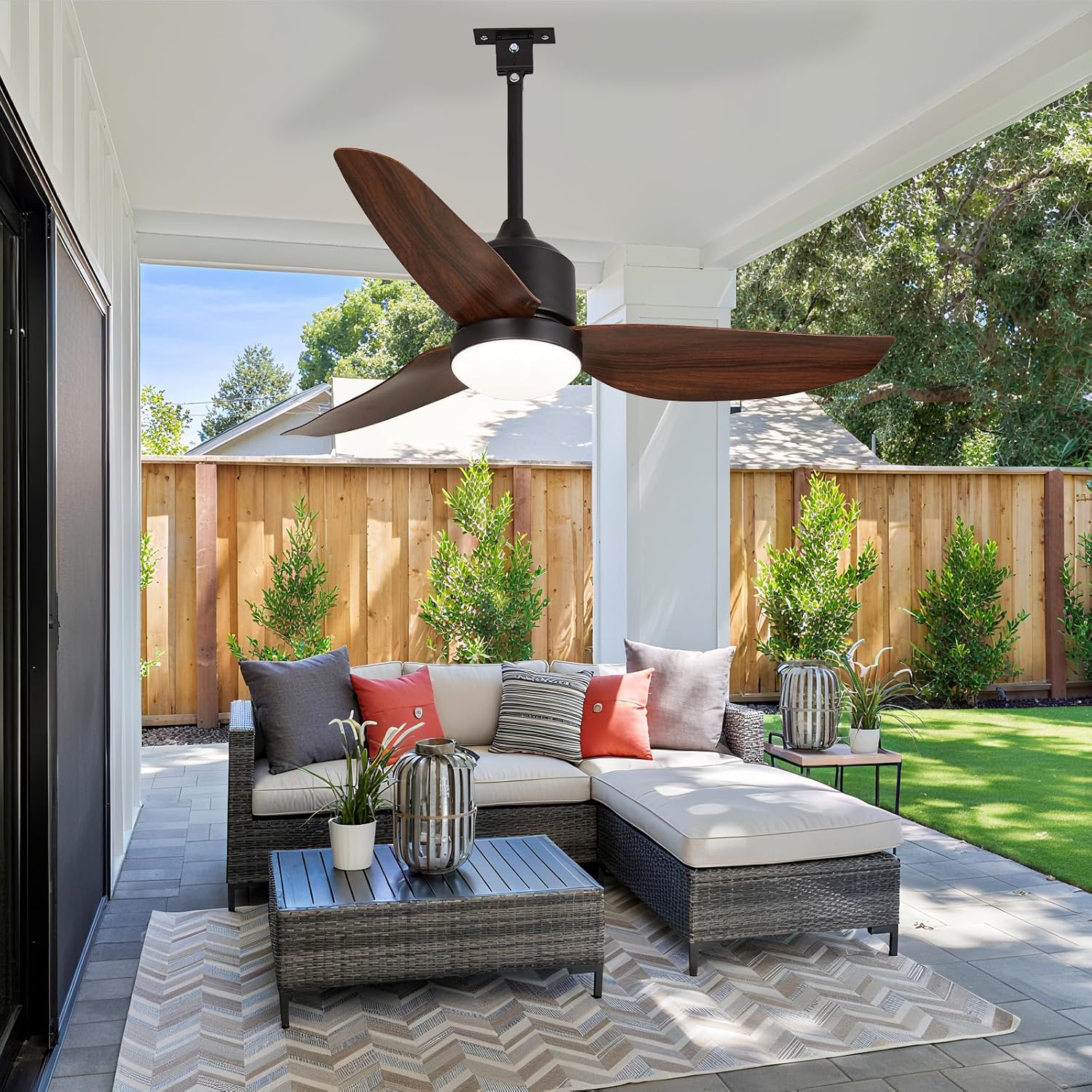 Outdoor Ceiling Fan with Light: 42' Walnut Hanging Fan for Gazebo Waterproof - Plug In Outdoor Fans for Patio Porch Pergola with APP Remote Control Reversible DC Motor