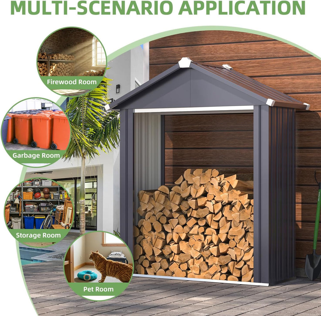 AECOJOY 5x2 Outdoor Firewood Storage Shed, Firewood Rack Outdoor Sheds & Outdoor Storage Clearance, Metal Tool Sheds Cabinet Waterproof for Backyard, Garden, Patio in Grey