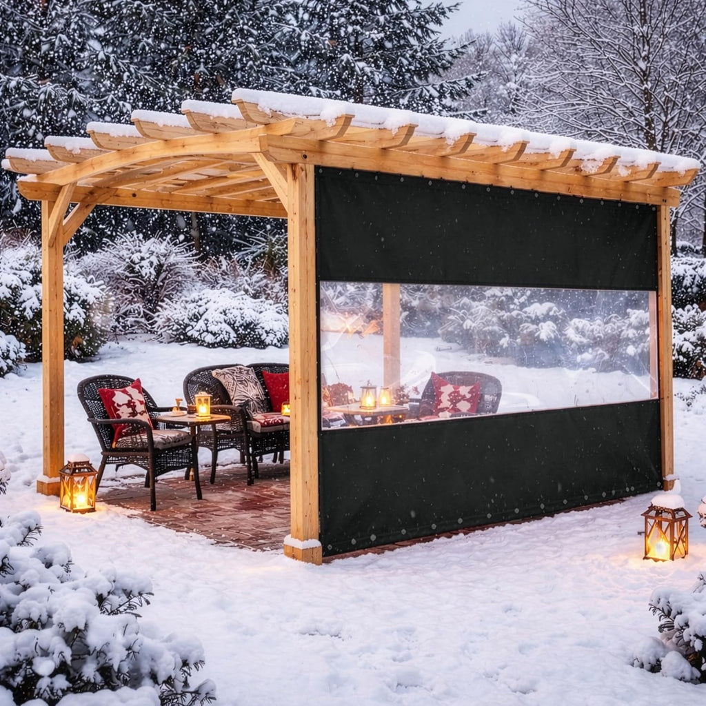 Covers & All Vinyl Outdoor Curtains for Patio Waterproof – 12 oz Outdoor Clear Panel Curtains, Gazebo Curtains with Brass Grommets for Pergola, Porch & Patio Walls for Winter (8 x 12 ft, Black)