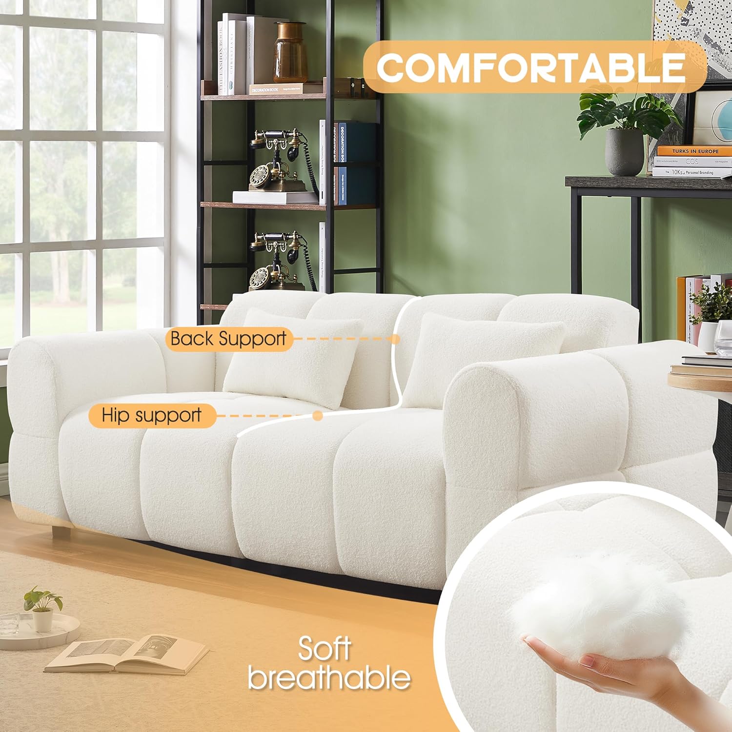 80' Modern Sofa Couch, Comfy Deep Seat Teddy Cloud Sofa, Upholstered 3-Seater Boucle Couch, Oversized Loveseat for Living Room, Bedroom, Office, Apartment(White)