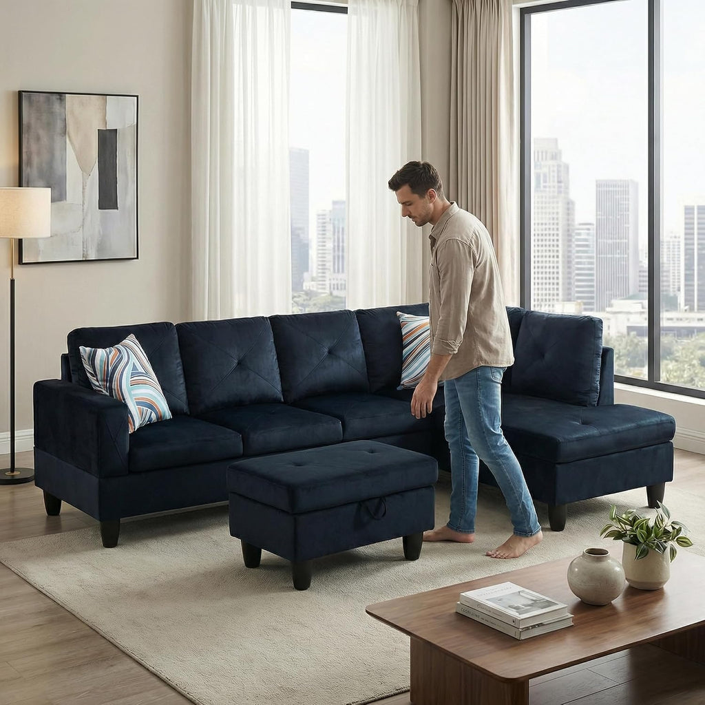 97' L Shaped Couch Set Velvet, Modular Sectional Couches for Living Room with Storage Ottoman, 4 Seat Home Sofa Living Room Furniture Sets with Chaise for Apartment Office (Blue Black)