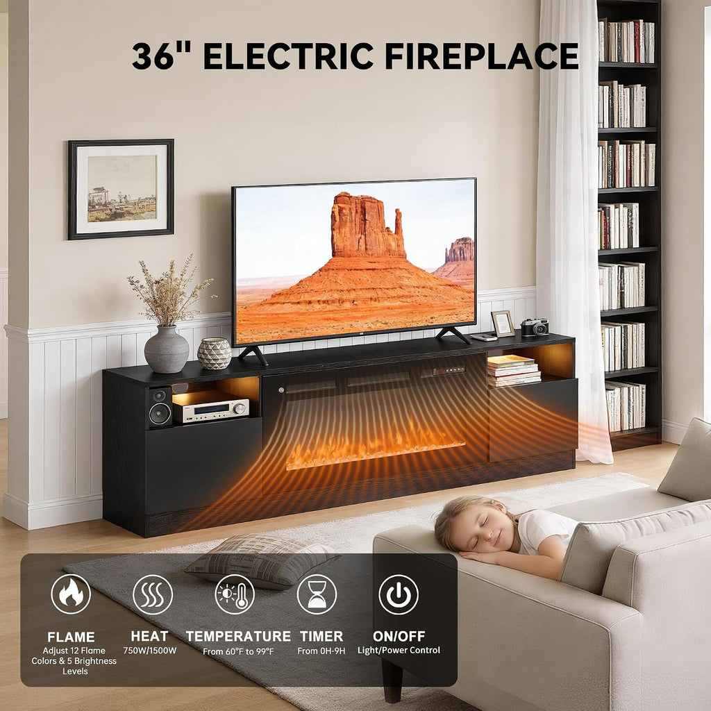 80' Fireplace TV Stand with 36' Electric Fireplace, LED Light Entertainment Center for TVs Up to 90', High-Gloss Door, Modern TV Console for Living Room with Storage Cabinet, Black+Black