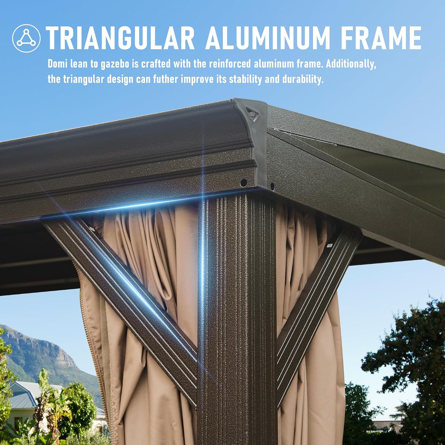 Domi 12x14FT Lean to Gazebo, Aluminum Wall Mounted Gazebo with Sloping Galvanized Steel Roof, Curtains and Netting, Outdoor Hardtop Gazebo Pergola for Patio, Deck, Garden, Backyard