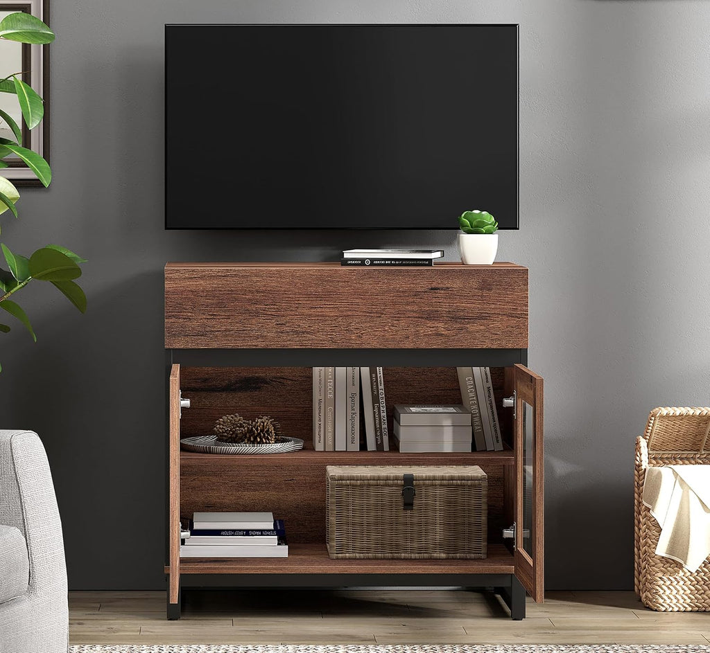 WAMPAT Modern TV Stand with Glass Doors for 26-40 inch TVs, Entertainment Center Console with Drawer and Metal Base for Living Room, Bedroom, Brown