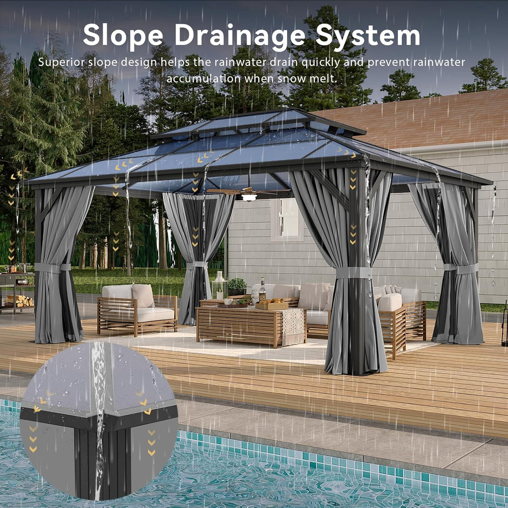 Aoxun 12x16FT Hardtop Gazebo, Aluminum Frame Permanent Pavilion with Curtains and Netting, Outdoor Polycarbonate Double Roof Canopy, Designed for Garden, Lawns, Patio