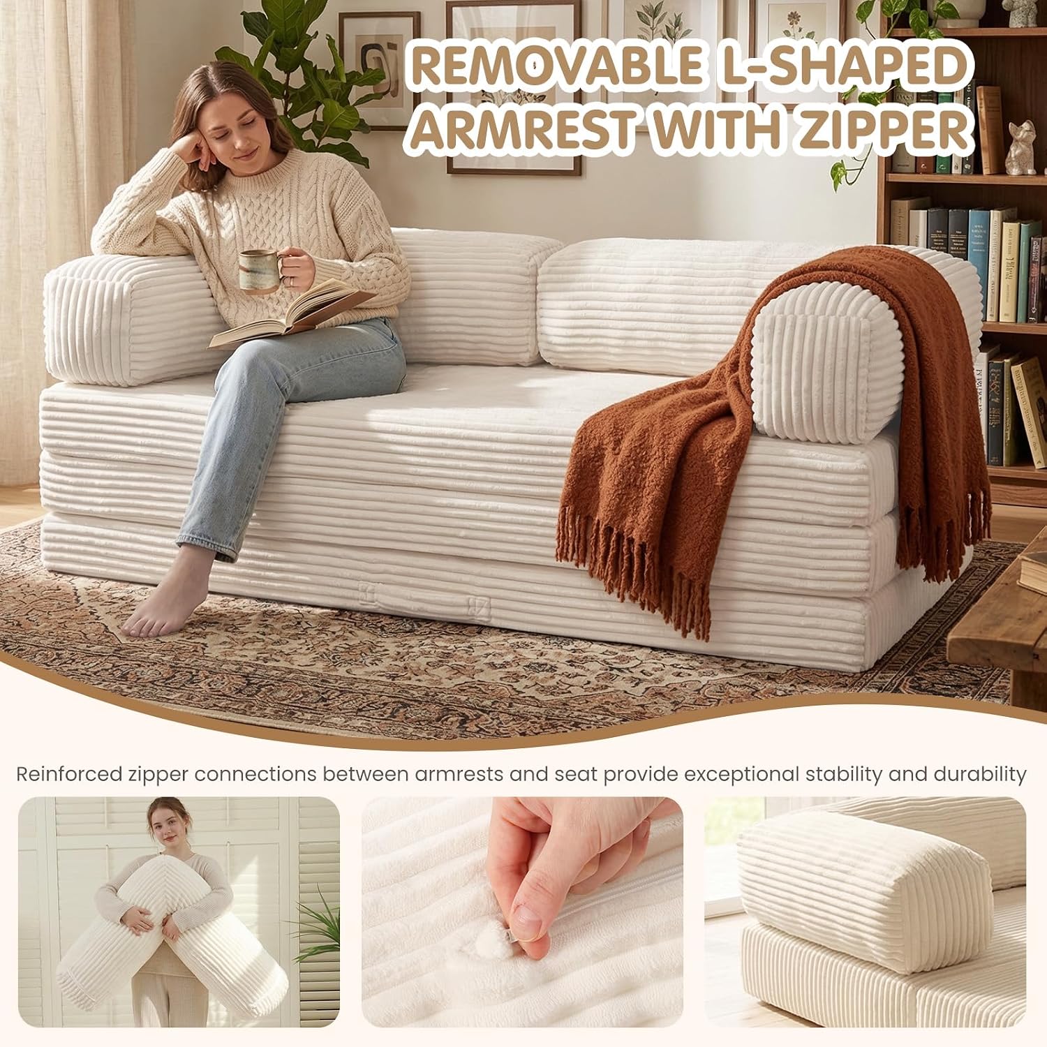 JUIKURY Folding Sofa Bed, Convertible Sleeper Chair with Pilow Foldable Matress, 2 in 1 Pull Out Loveseat Sofa Portable Fold Out Chair Bed Floor Couch Lounge for Living Room (Beige, Queen-82'L x 60'W)