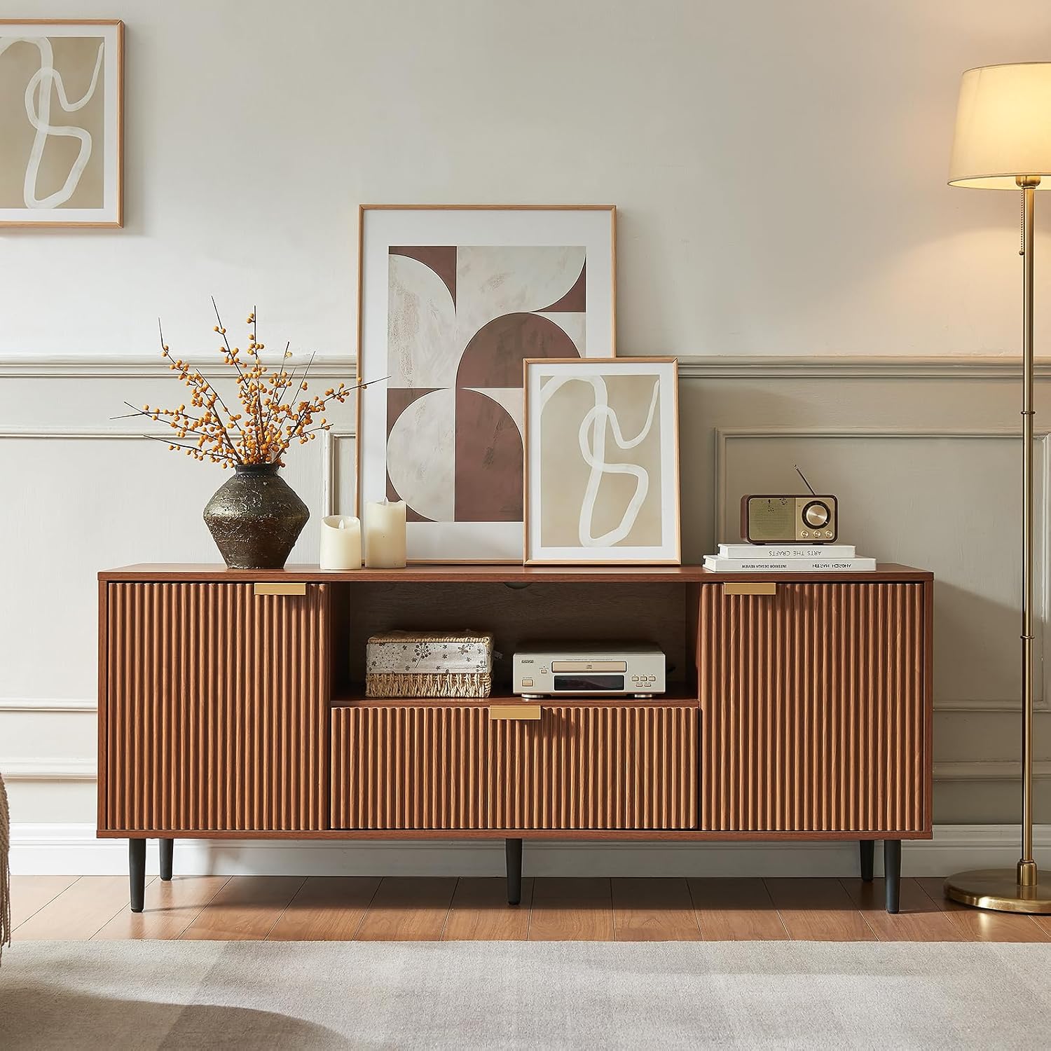 Okvnbjk Modern TV Stand for 65 Inch TV, Fluted TV Consoles for Living Room, Media Console with Soft Hinge & Drawer, Wood Entertainment Center with Storage, Mocha