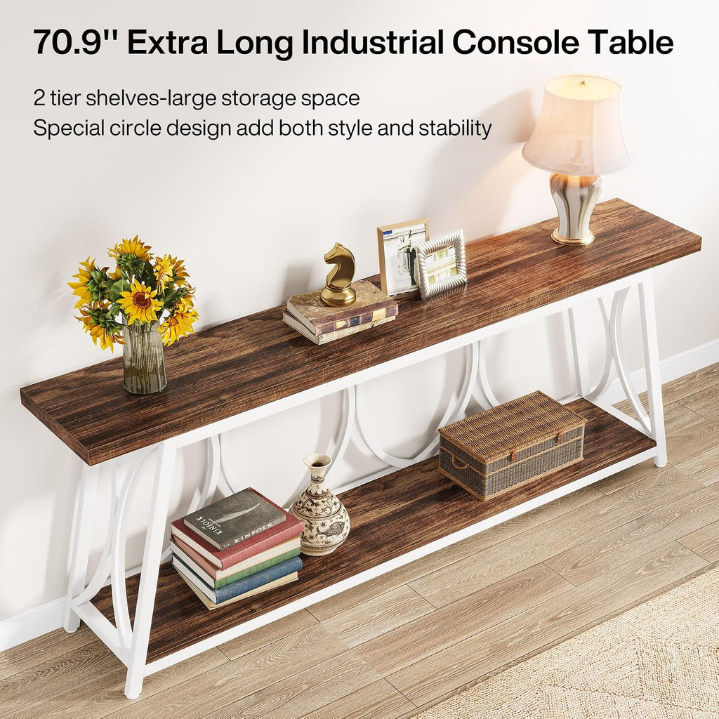 Tribesigns 70.9 inch Extra Long Console Table, Industrial Sofa Table Behind Couch with 2 Tier Storage Shelf, Narrow Entryway Hallway Accent Table for Living Room, White & Brown