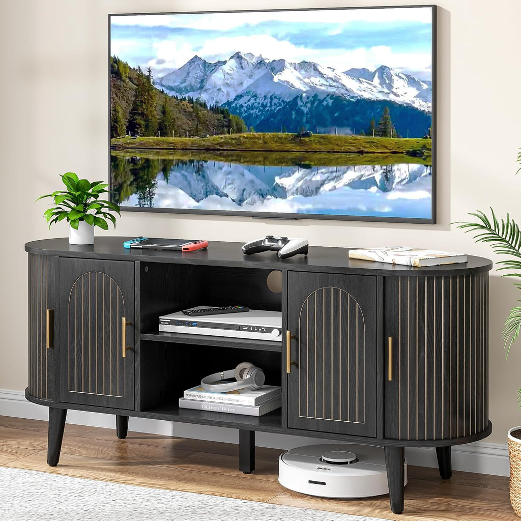 51' Fluted TV Stand, Mid-Century Modern Entertainment Center for Tvs up to 60' with Drawers and Fluted Doors, Curved TV Media Console Table with Sliding Doors for Living Room, Bedroom (51' Black)