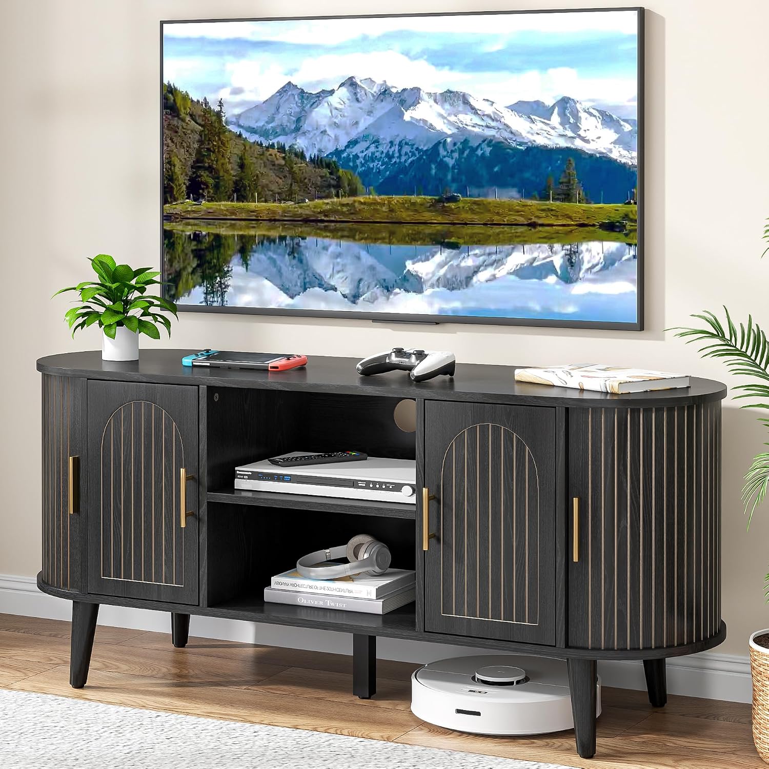 51' Fluted TV Stand, Mid-Century Modern Entertainment Center for Tvs up to 60' with Drawers and Fluted Doors, Curved TV Media Console Table with Sliding Doors for Living Room, Bedroom (51' Black)