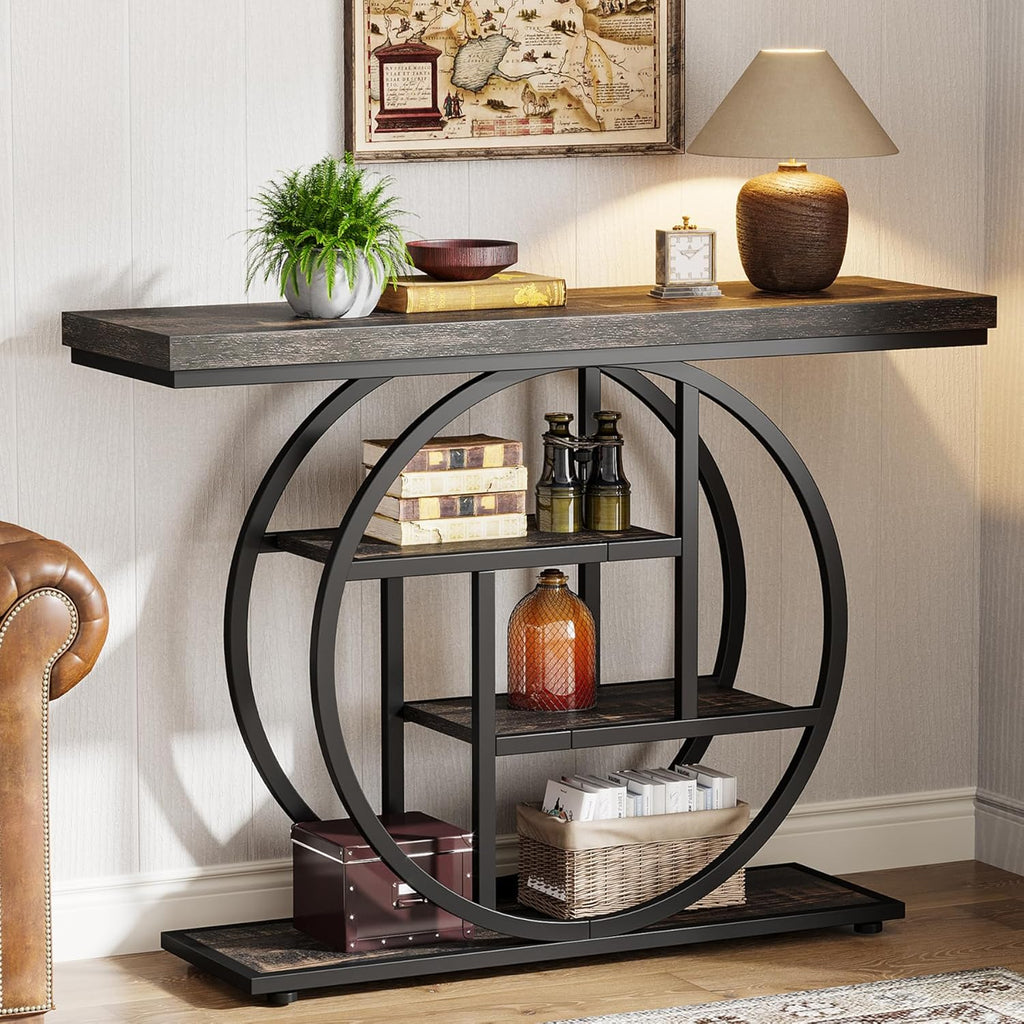 Tribesigns 41.3' Console Table, Industrial 4-Tier Sofa Table Entryway Table with Circle Base, Narrow Wood Accent Tables with Storage Shelves for Living Room, Hallway, Foyer, Charcoal Black