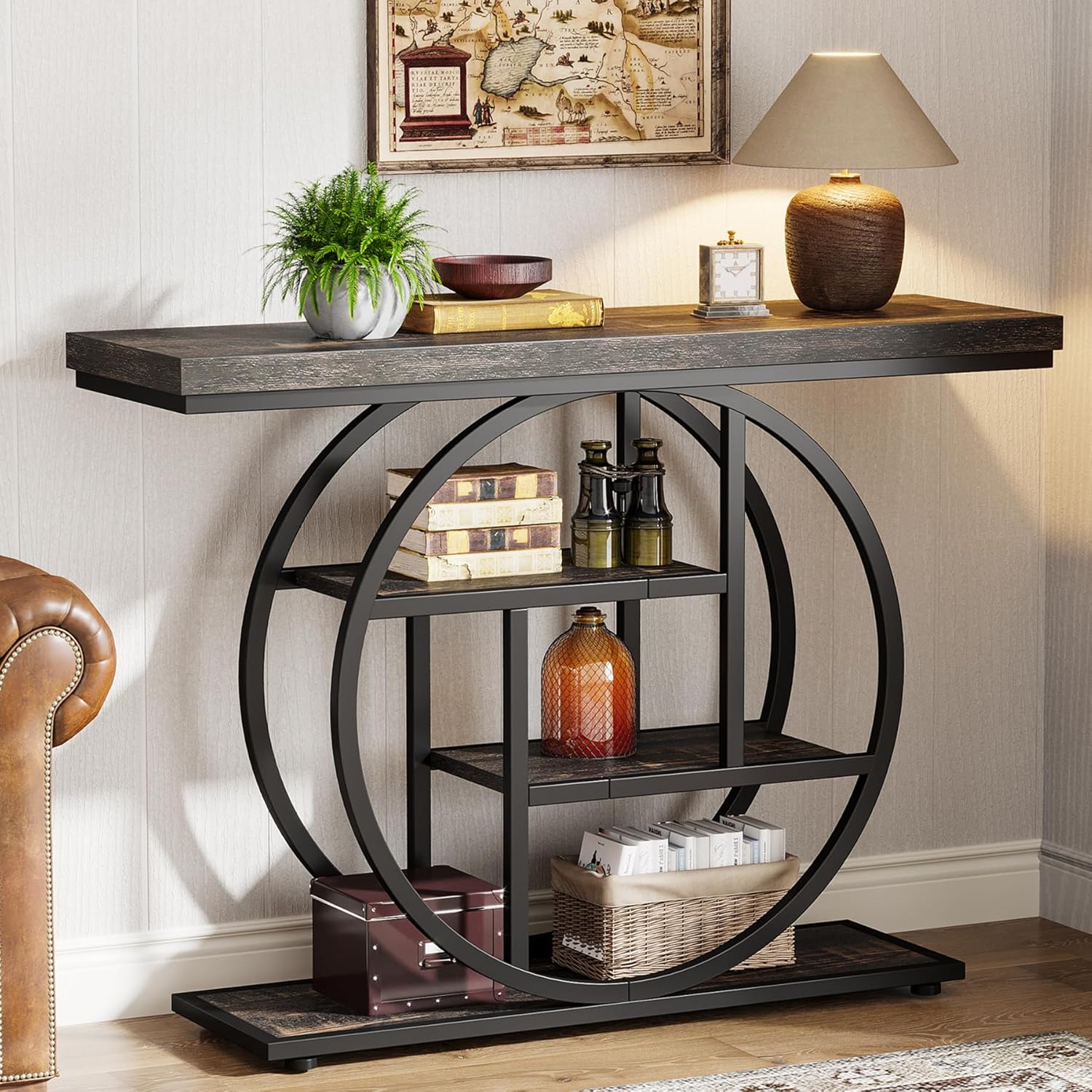 Tribesigns 41.3' Console Table, Industrial 4-Tier Sofa Table Entryway Table with Circle Base, Narrow Wood Accent Tables with Storage Shelves for Living Room, Hallway, Foyer, Charcoal Black