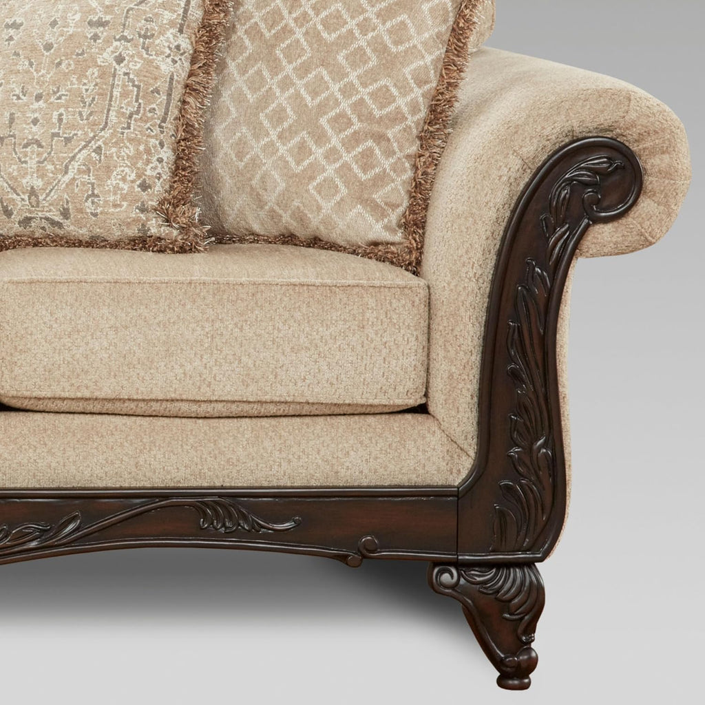 Hernen Carved Wood Frame 5-Piece Living Room Set, Beige Wheat