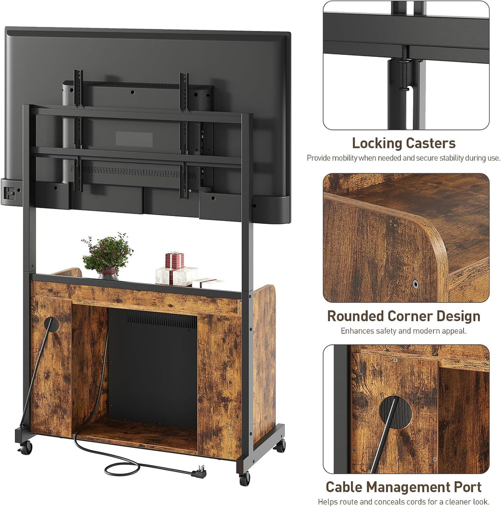 RALGEND Fireplace TV Stand with Mount for 55/60/65/75 inch TVs, Corner Entertainment Center with Power Outlet and 18' Electric Fireplace, Height Adjustable TV Console for Living Room, Rustic and Black