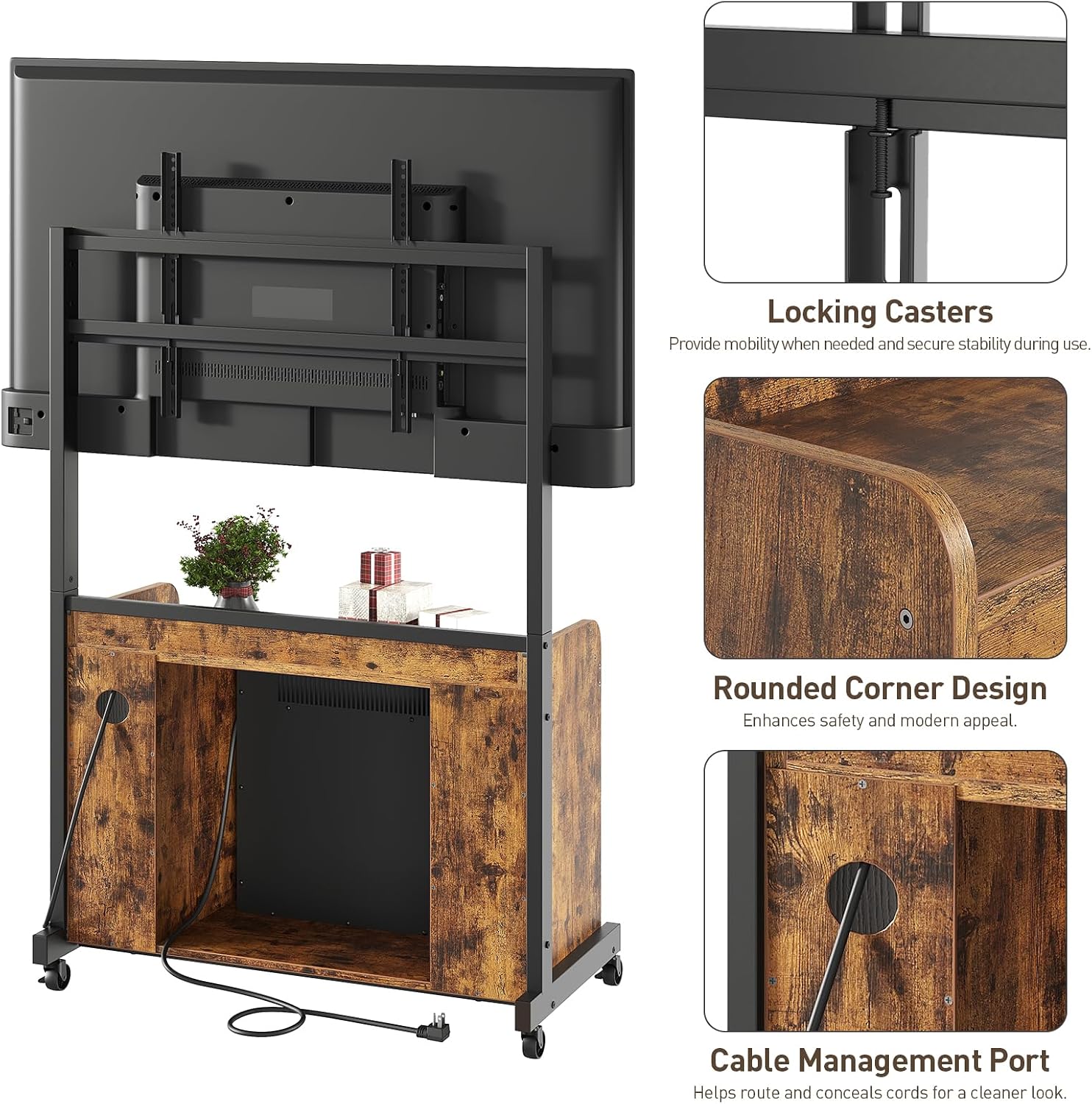 RALGEND Fireplace TV Stand with Mount for 55/60/65/75 inch TVs, Corner Entertainment Center with Power Outlet and 18' Electric Fireplace, Height Adjustable TV Console for Living Room, Rustic and Black
