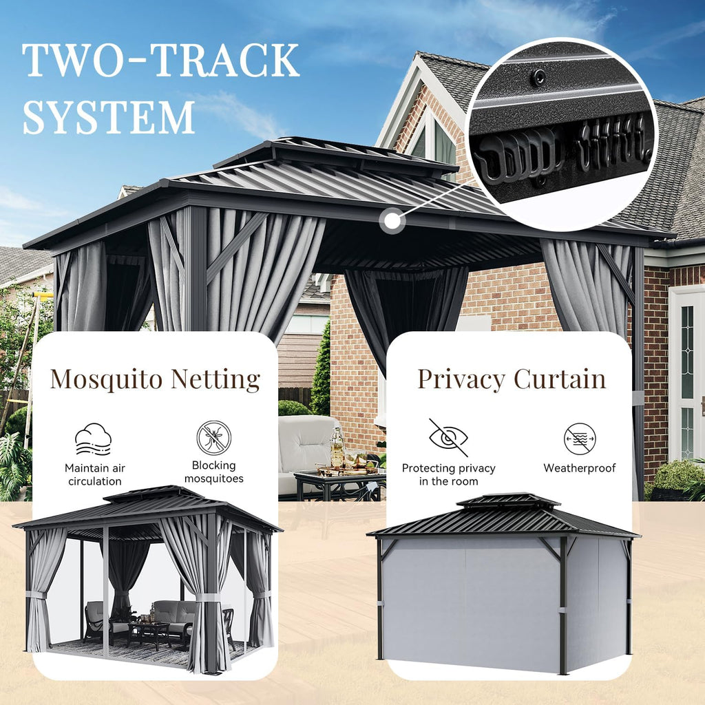 10X12 Hardtop Gazebo, Outdoor Aluminum Gazebo with Galvanized Steel Double Roof, Permanent Metal Pavilion with Netting, Curtains