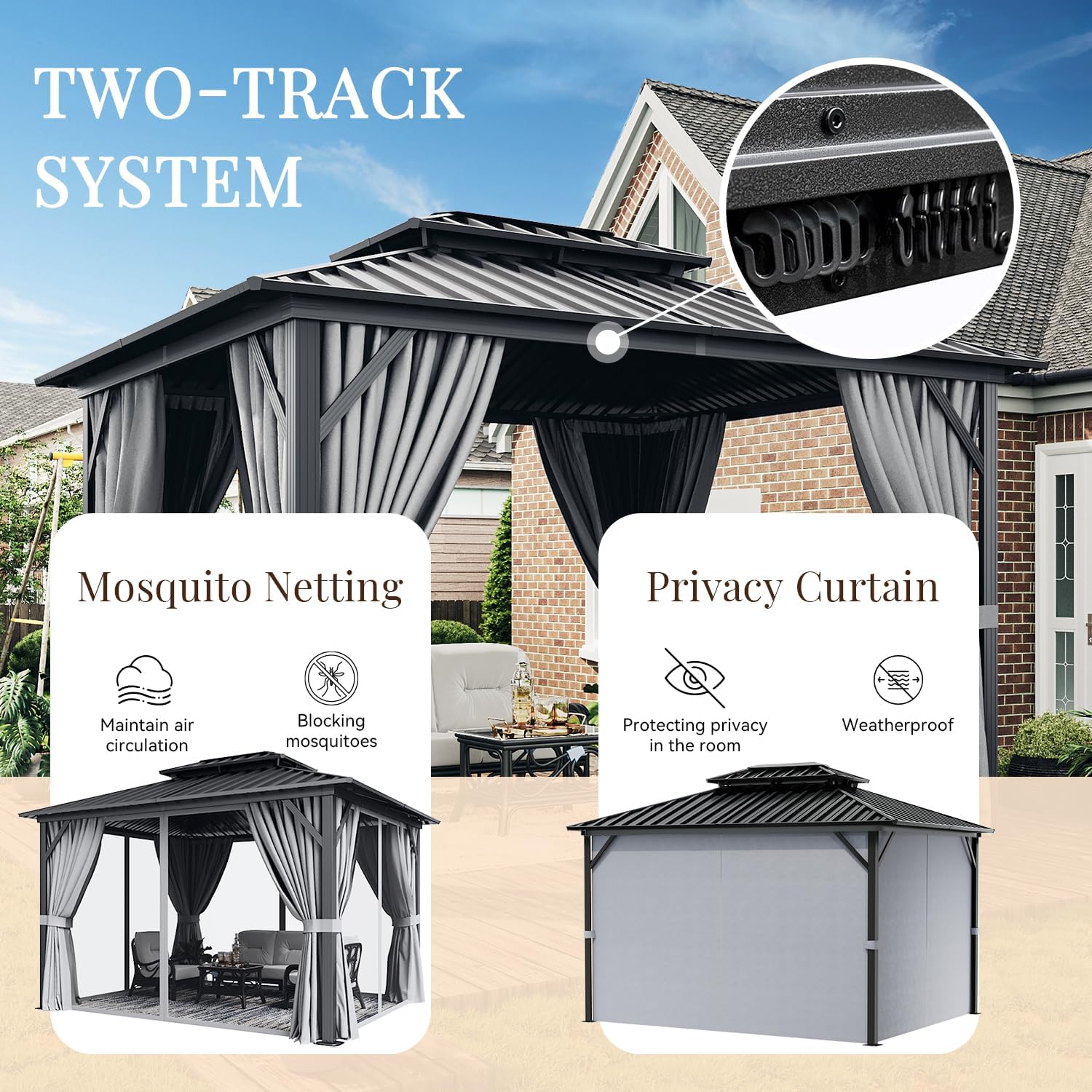 10X12 Hardtop Gazebo, Outdoor Aluminum Gazebo with Galvanized Steel Double Roof, Permanent Metal Pavilion with Netting, Curtains