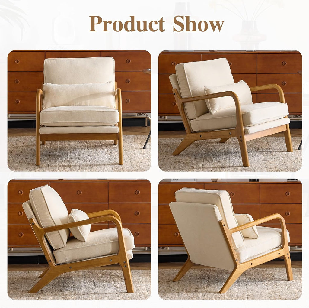 Karl home Mid Century Modern Accent Chair with Lumbar Pillow & Oak Arms – Plush Chenille Living Room Chair for Bedroom, Lounge (Creamy)