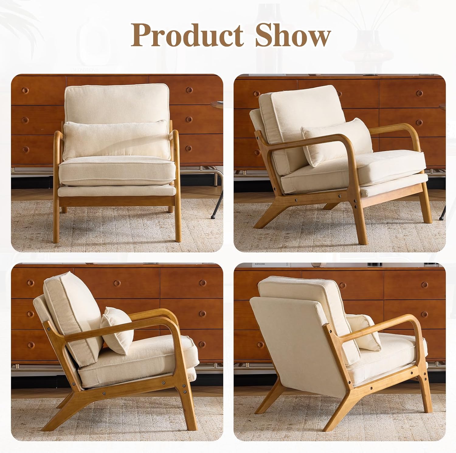 Karl home Mid Century Modern Accent Chair with Lumbar Pillow & Oak Arms – Plush Chenille Living Room Chair for Bedroom, Lounge (Creamy)