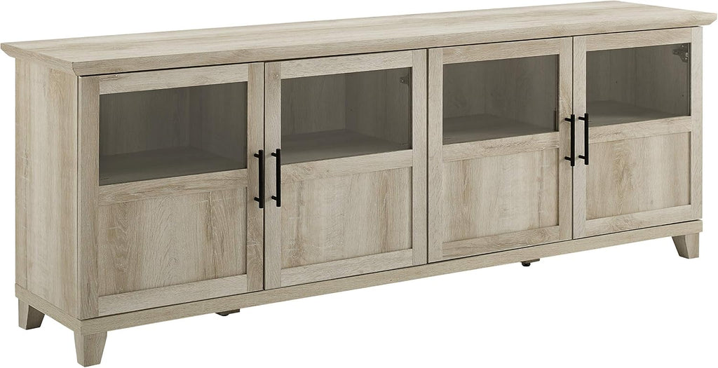 Walker Edison Farmhouse Glass and Wood TV Stand for TV's up to 80' Universal TV Stand for Flat Screen Living Room Storage Cabinets and Shelves Entertainment Center, 70 Inch, White Oak