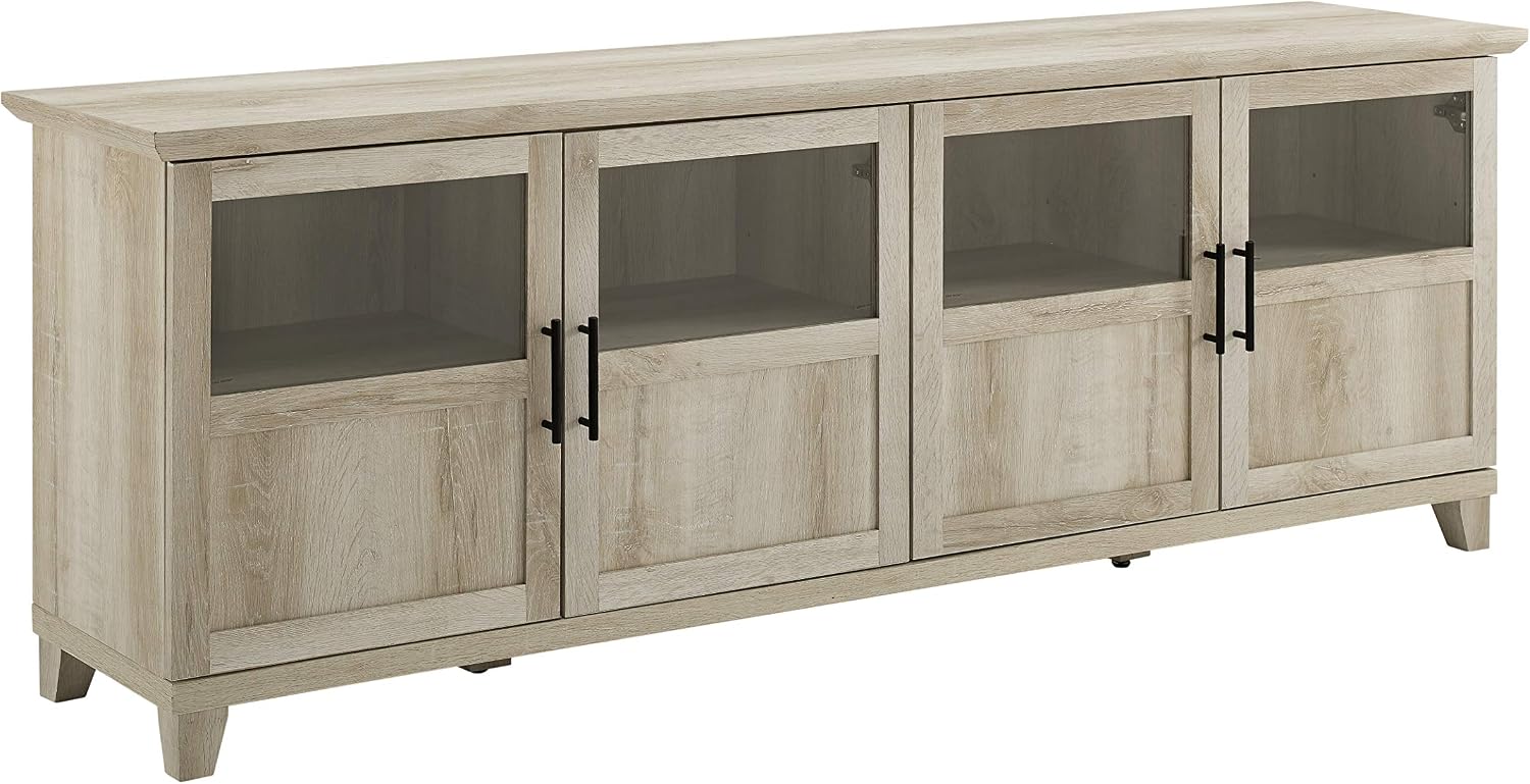 Walker Edison Farmhouse Glass and Wood TV Stand for TV's up to 80' Universal TV Stand for Flat Screen Living Room Storage Cabinets and Shelves Entertainment Center, 70 Inch, White Oak