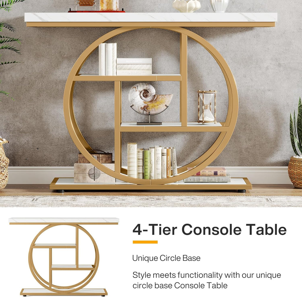 Tribesigns 41.3' Console Table, Industrial 4-Tier Sofa Entryway Table with Circle Base, Narrow Wood Accent Tables with Storage Shelves for Living Room, Hallway, Foyer, White Gold