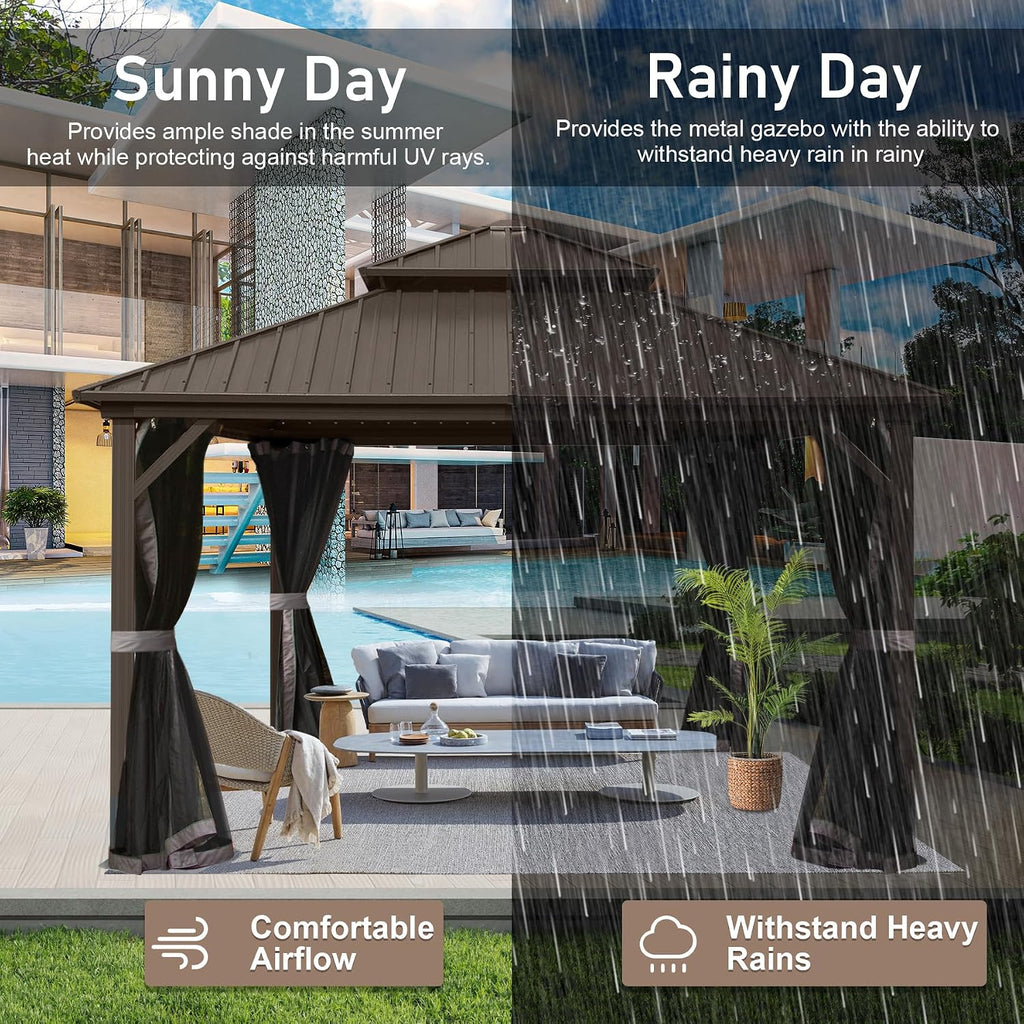 10' x 10' Hardtop Gazebo, Outdoor Aluminum Gazebo with Galvanized Steel Double Roof Canopy, Outdoor Permanent Metal Pavilion with Curtains and Netting for Patio, Backyard and Lawn, Dark Brown